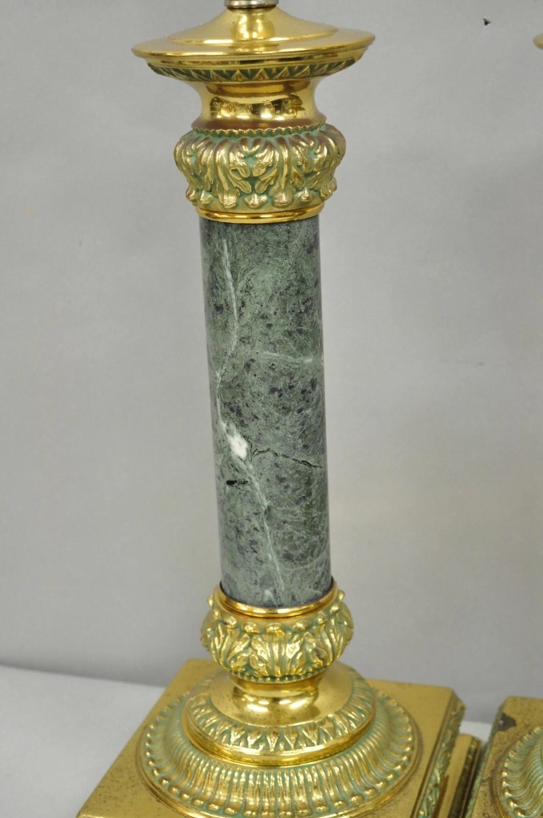 20th Century Vintage Hollywood Regency Brass Empire Green Column Gold Table Lamps - a Pair