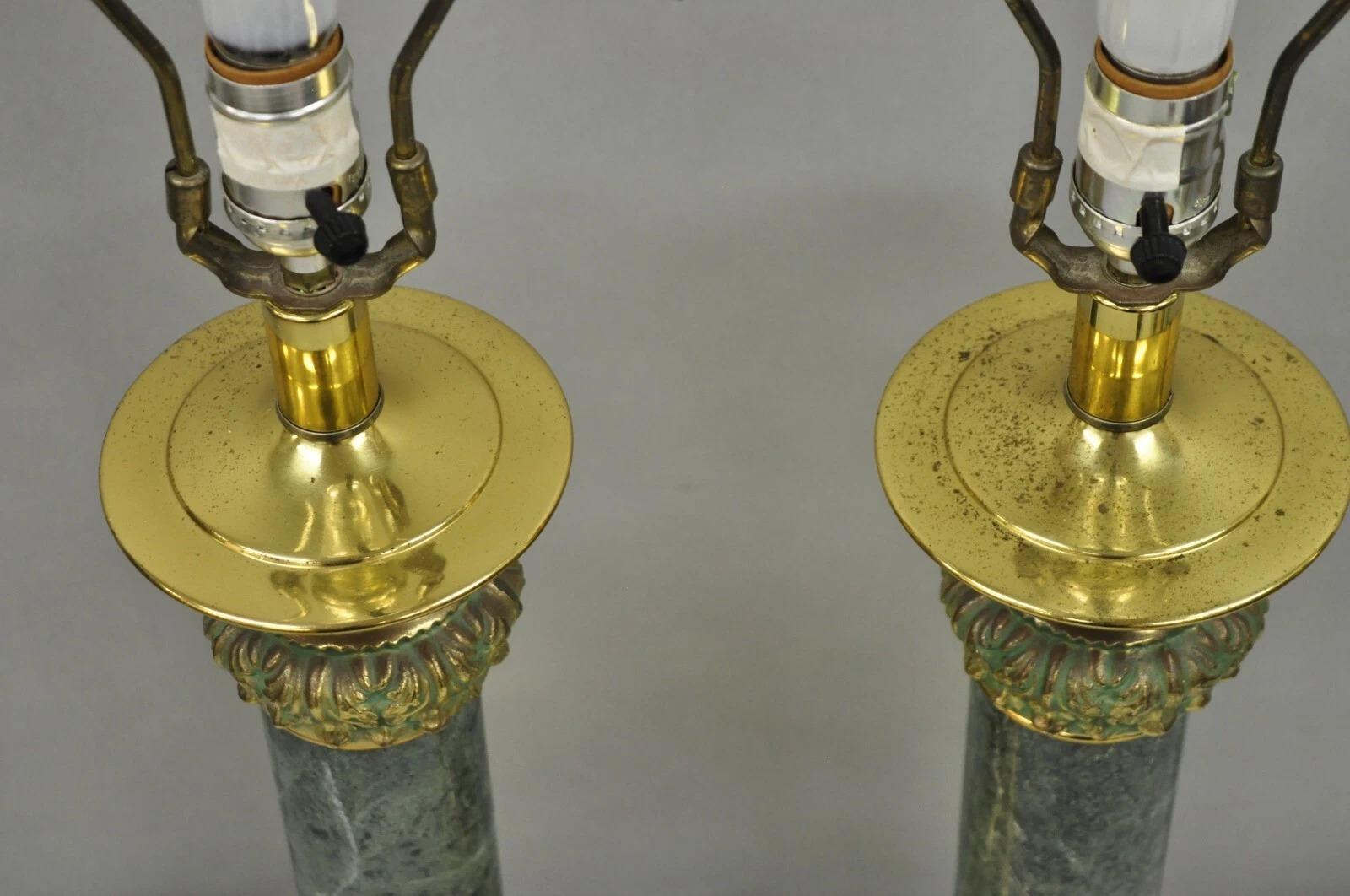 Vintage Hollywood Regency Brass Empire Green Column Gold Table Lamps - a Pair 1