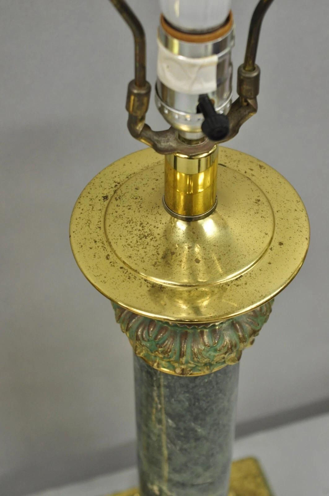 Vintage Hollywood Regency Brass Empire Green Column Gold Table Lamps - a Pair 2