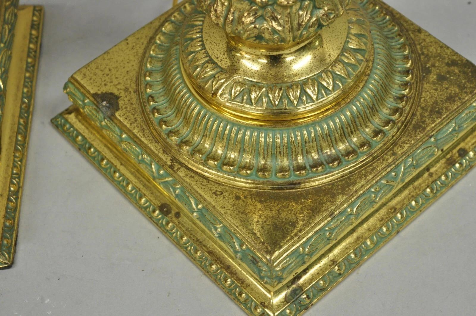 Vintage Hollywood Regency Brass Empire Green Column Gold Table Lamps - a Pair 3