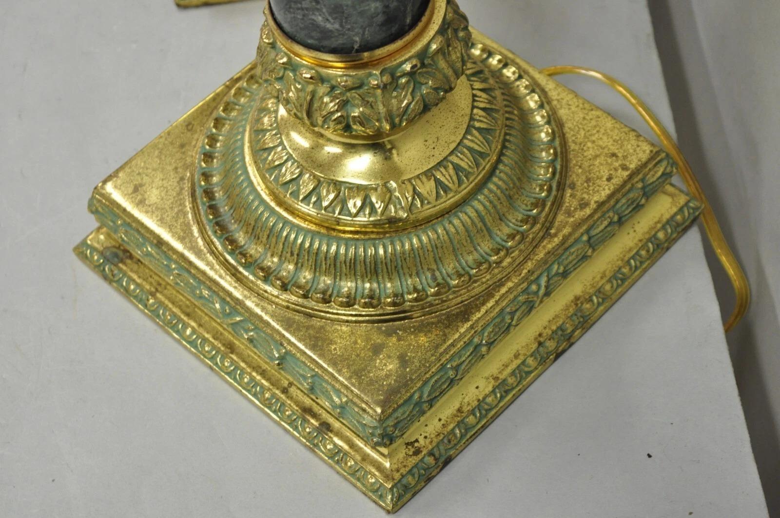 Vintage Hollywood Regency Brass Empire Green Column Gold Table Lamps - a Pair 4