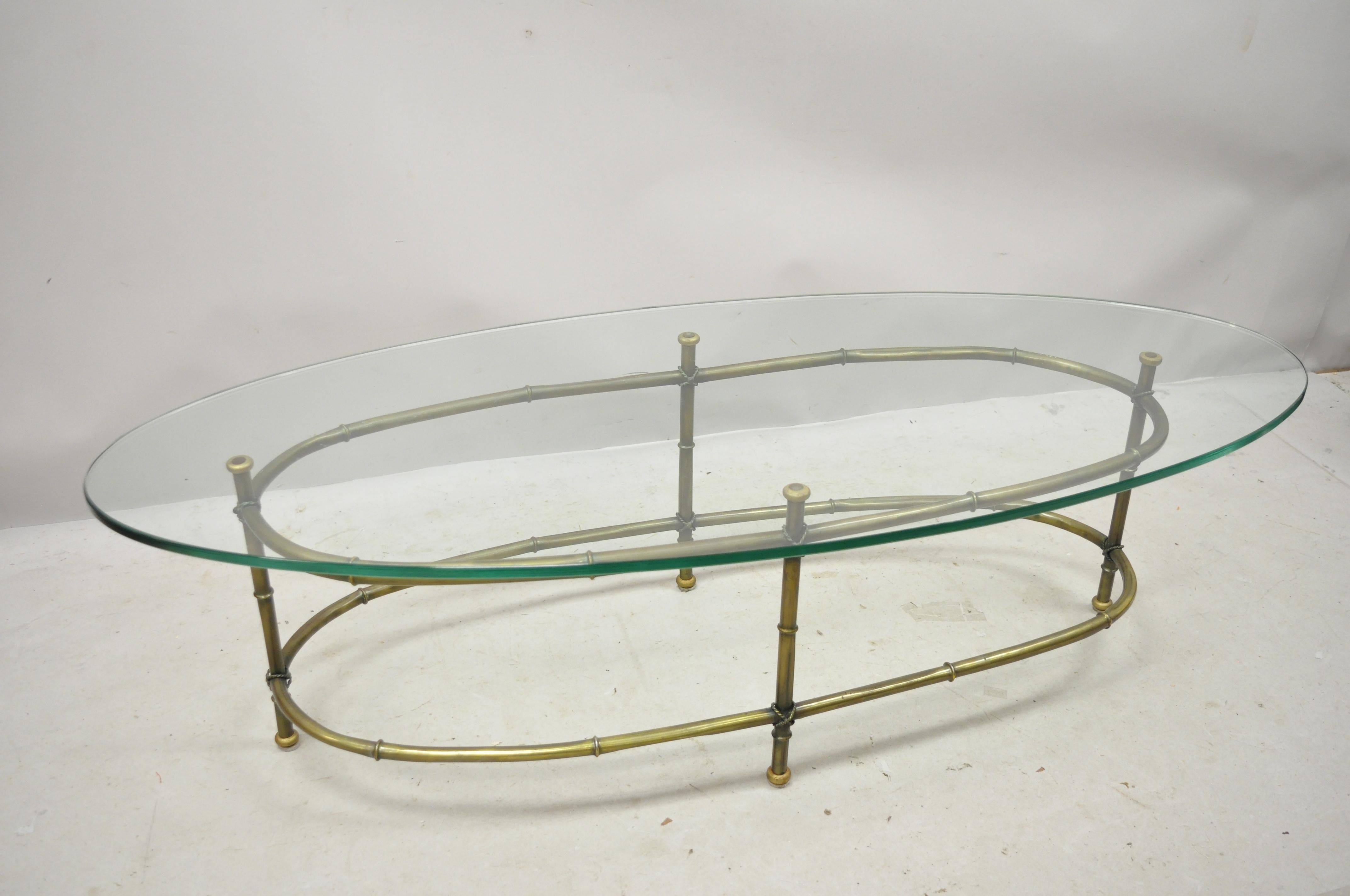 Vintage Hollywood Regency Brass Faux Bamboo Oval Glass Top Italian Coffee Table For Sale 4