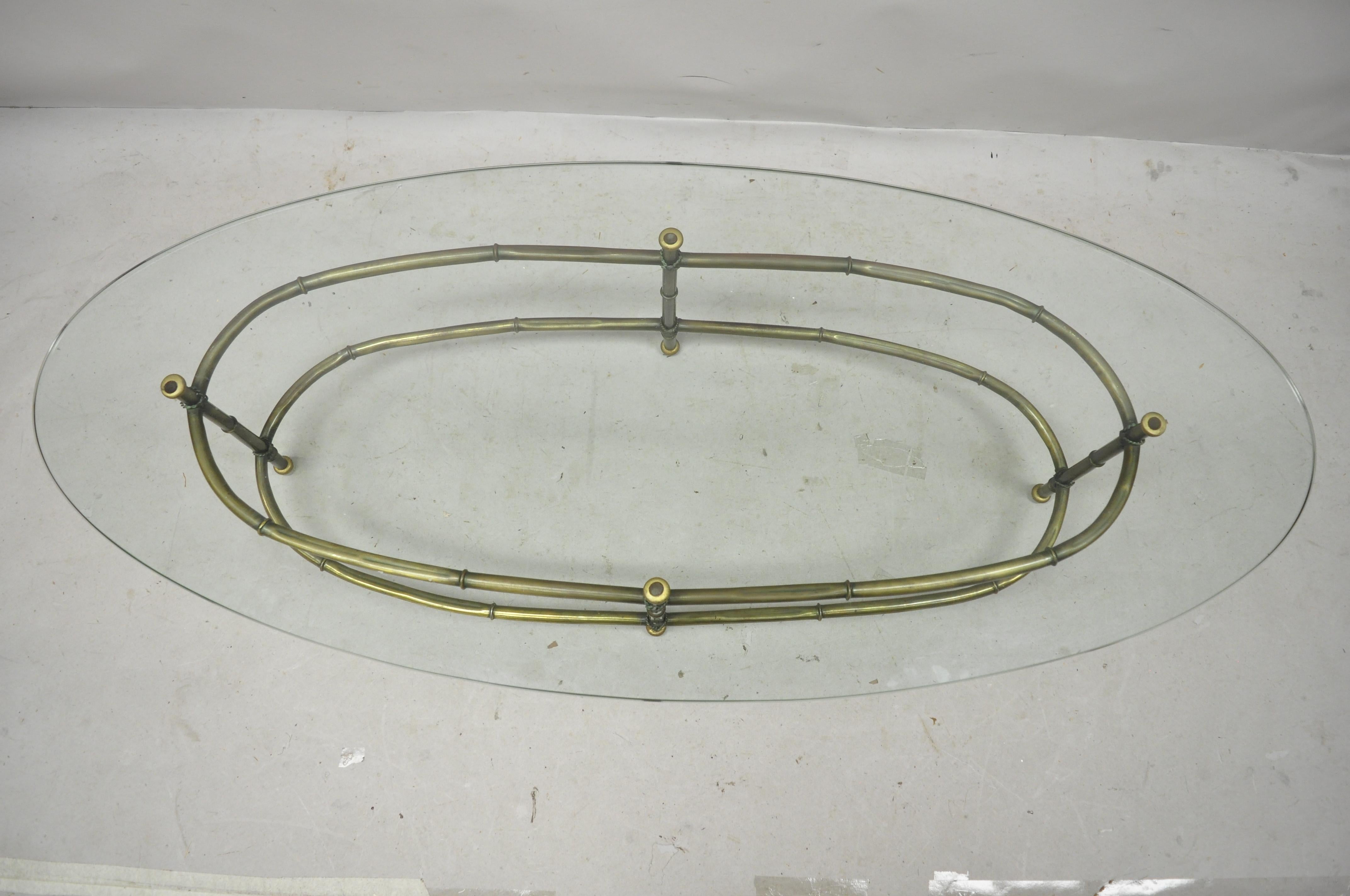20th Century Vintage Hollywood Regency Brass Faux Bamboo Oval Glass Top Italian Coffee Table For Sale