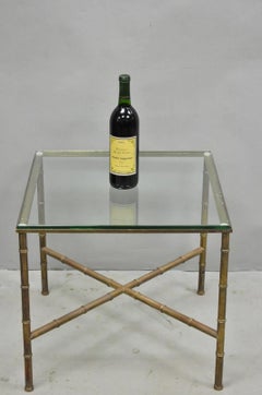Vintage Hollywood Regency Brass Faux Bamboo Square Glass Top Low Side Table