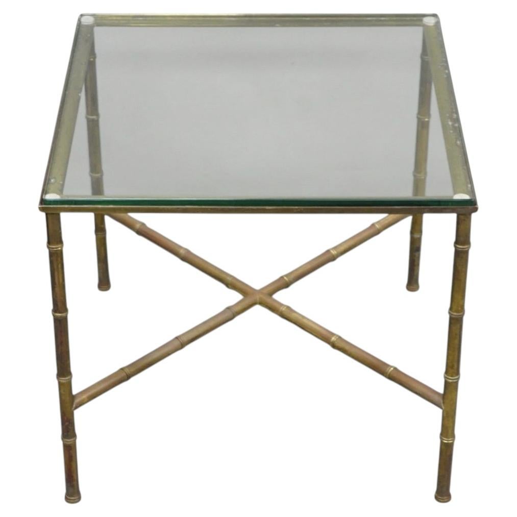 Vintage Hollywood Regency Brass Faux Bamboo Square Glass Top Low Side Table