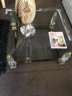 Vintage Hollywood Regency Brass Glass Lucite Obelisk Designer Coffee Table