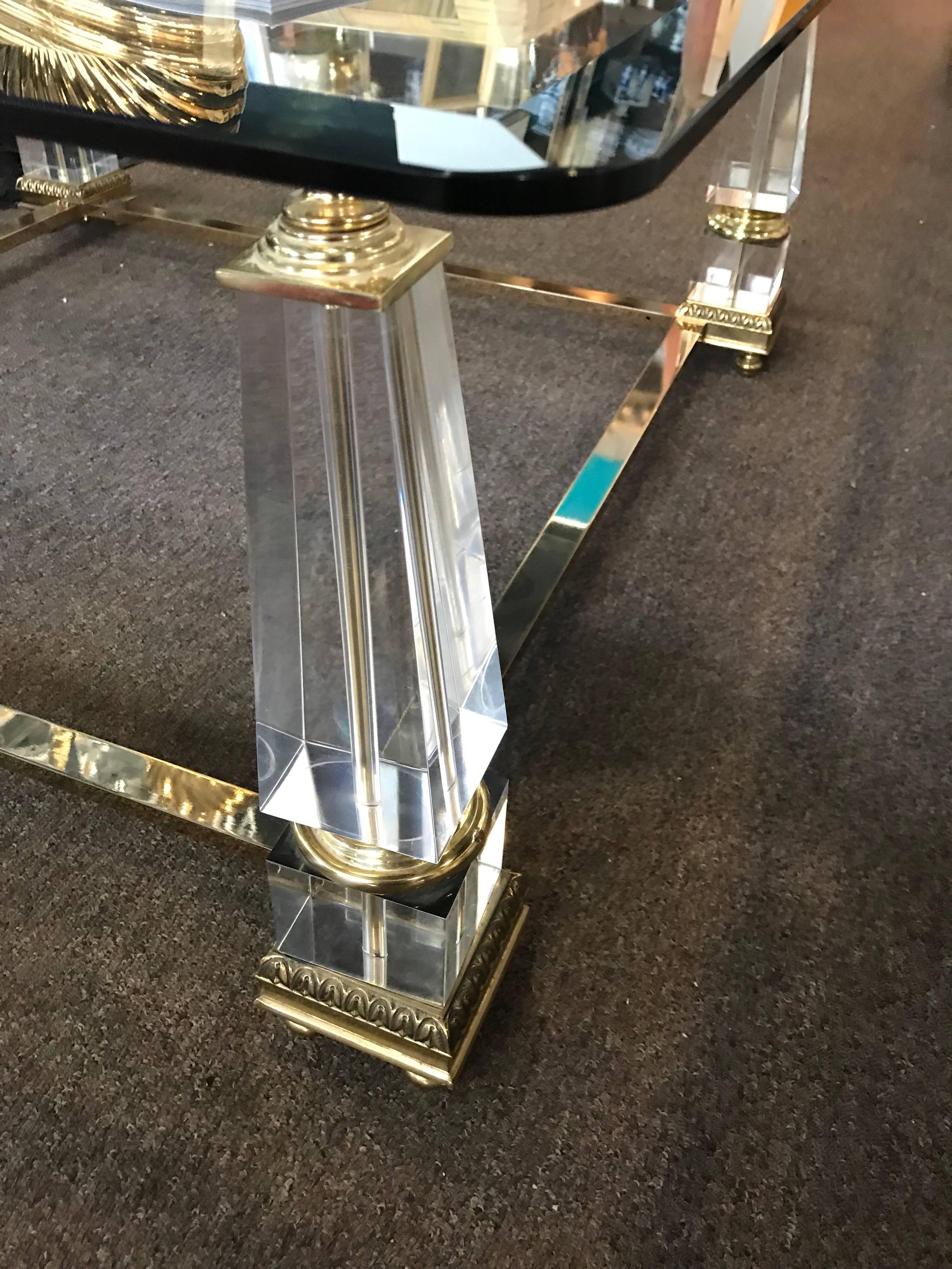 Vintage Hollywood Regency Brass Glass Lucite Obelisk Designer Coffee Table 1