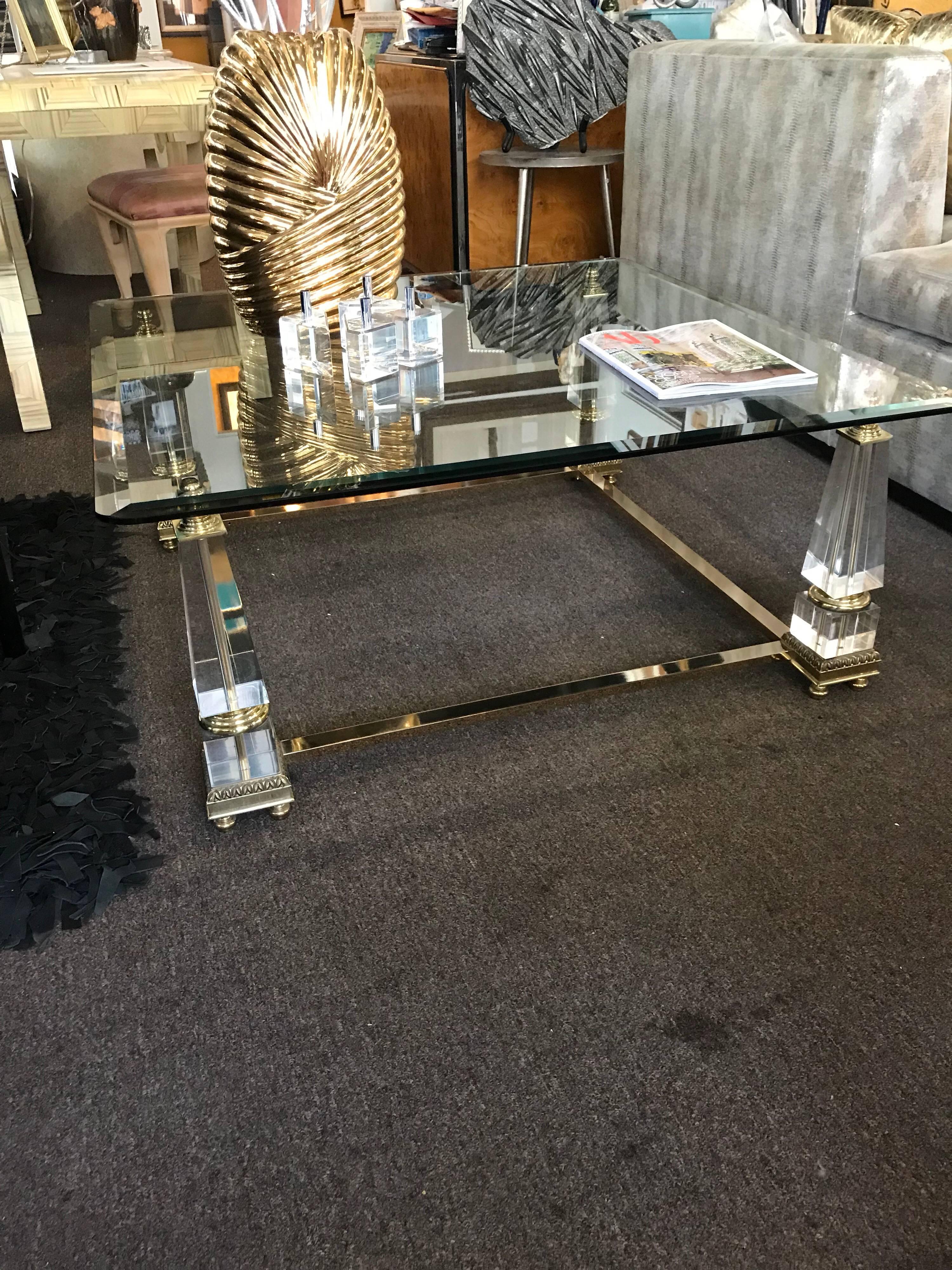 Vintage Hollywood Regency Brass Glass Lucite Obelisk Designer Coffee Table 2