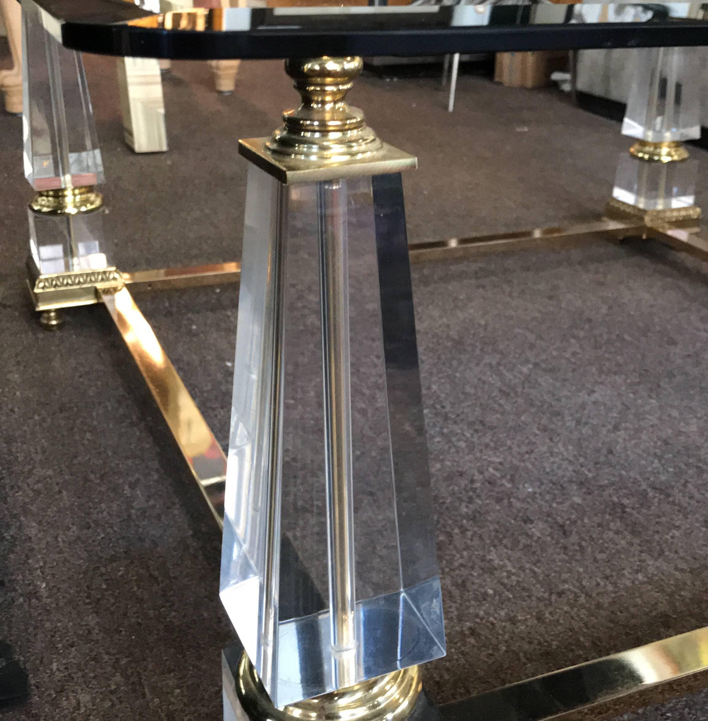 Late 20th Century Vintage Hollywood Regency Brass Glass Lucite Obelisk Designer Coffee Table