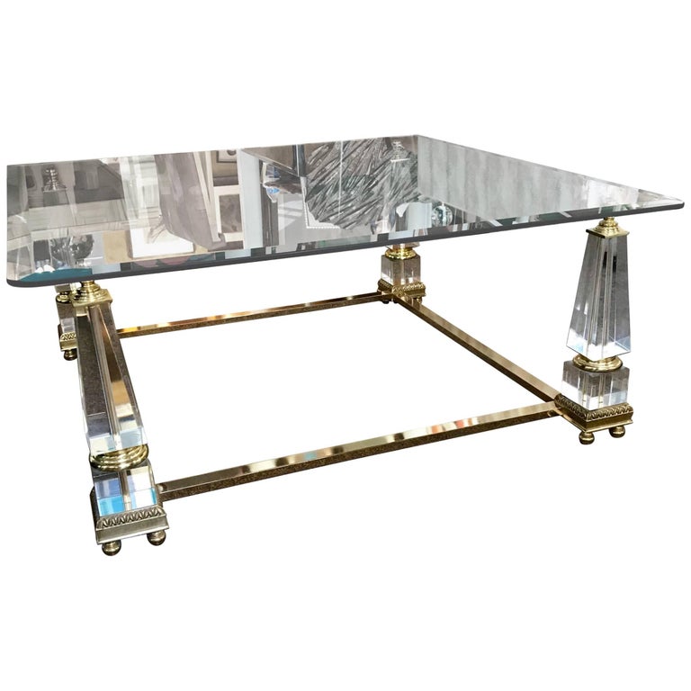 Vintage Hollywood Regency Brass Glass Lucite Obelisk Designer Coffee