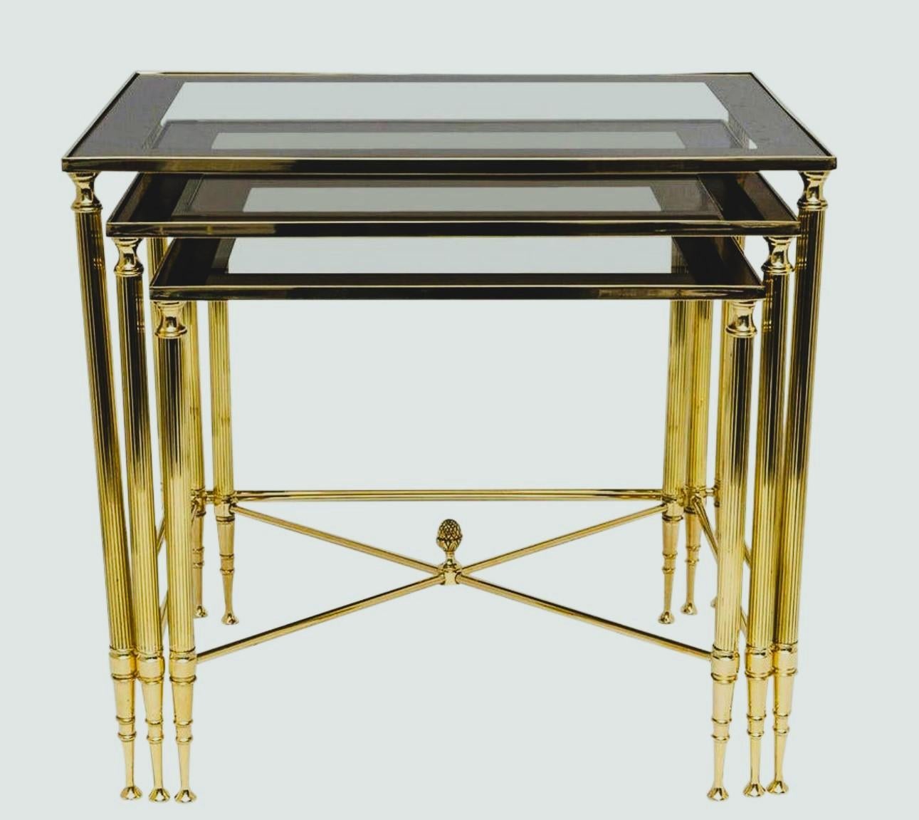 Vintage Hollywood Regency Brass & Glass Nesting Tables attr. to Maison Jansen For Sale 2