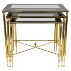 Antique Hollywood Regency Brass & Glass Nesting Tables attr. to Maison Jansen