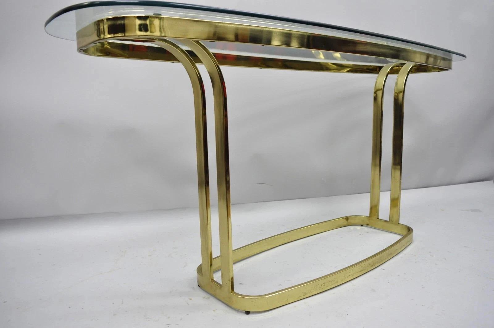 Vintage Hollywood Regency Brass & Glass Sculptural Gold Console Sofa Hall Table For Sale 5