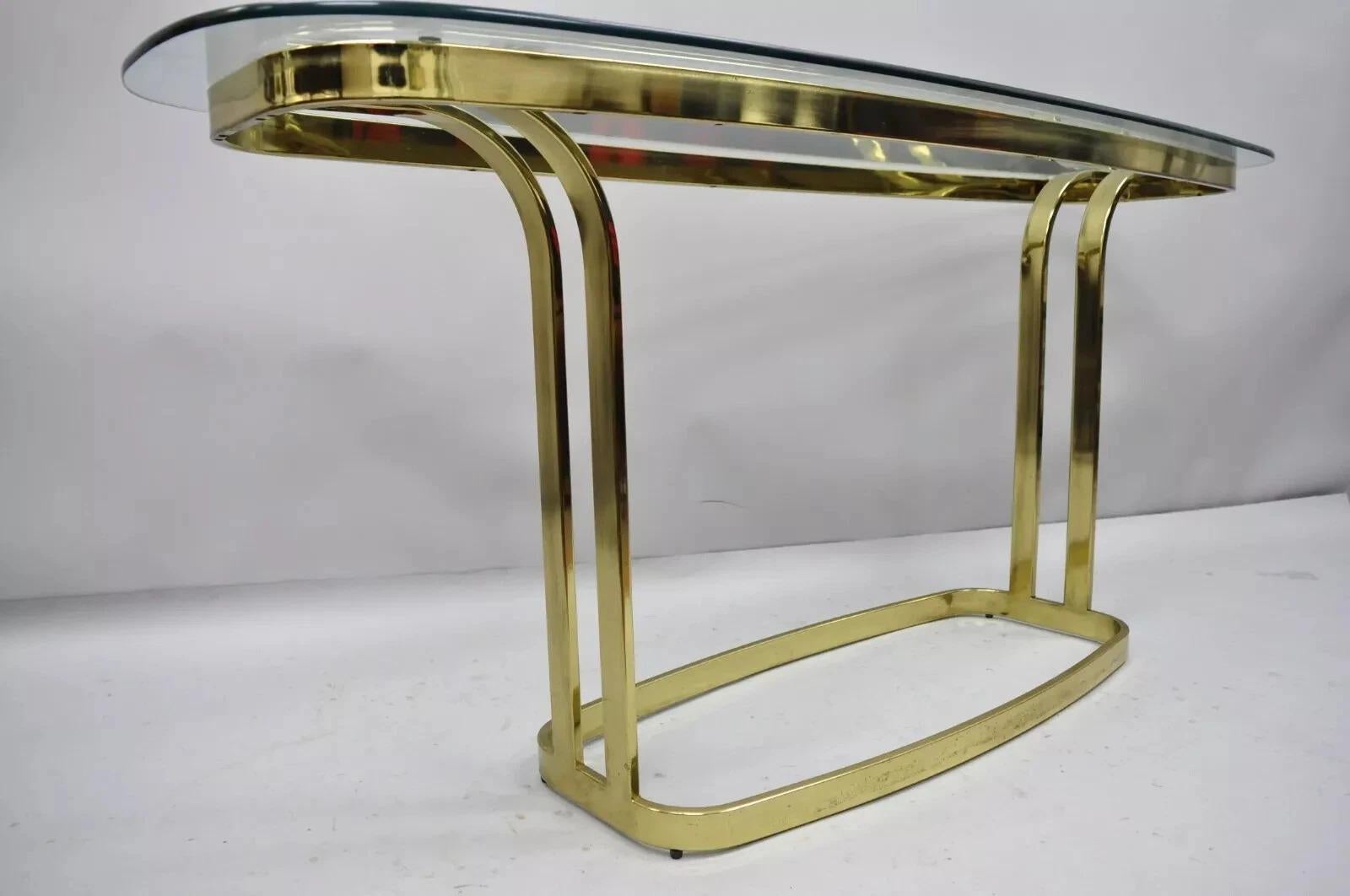 Vintage Hollywood Regency Brass & Glass Sculptural Gold Console Sofa Hall Table For Sale 1