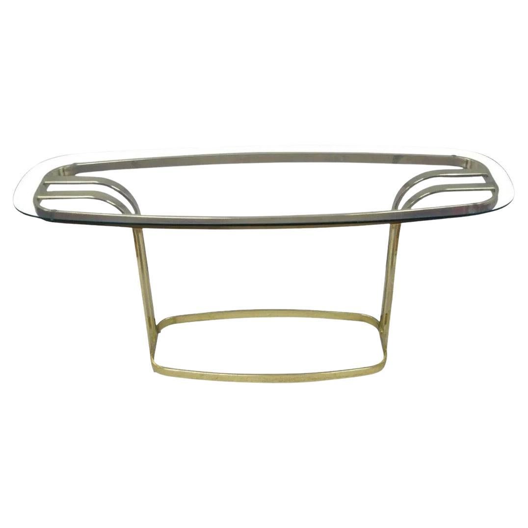 Vintage Hollywood Regency Brass & Glass Sculptural Gold Console Sofa Hall Table