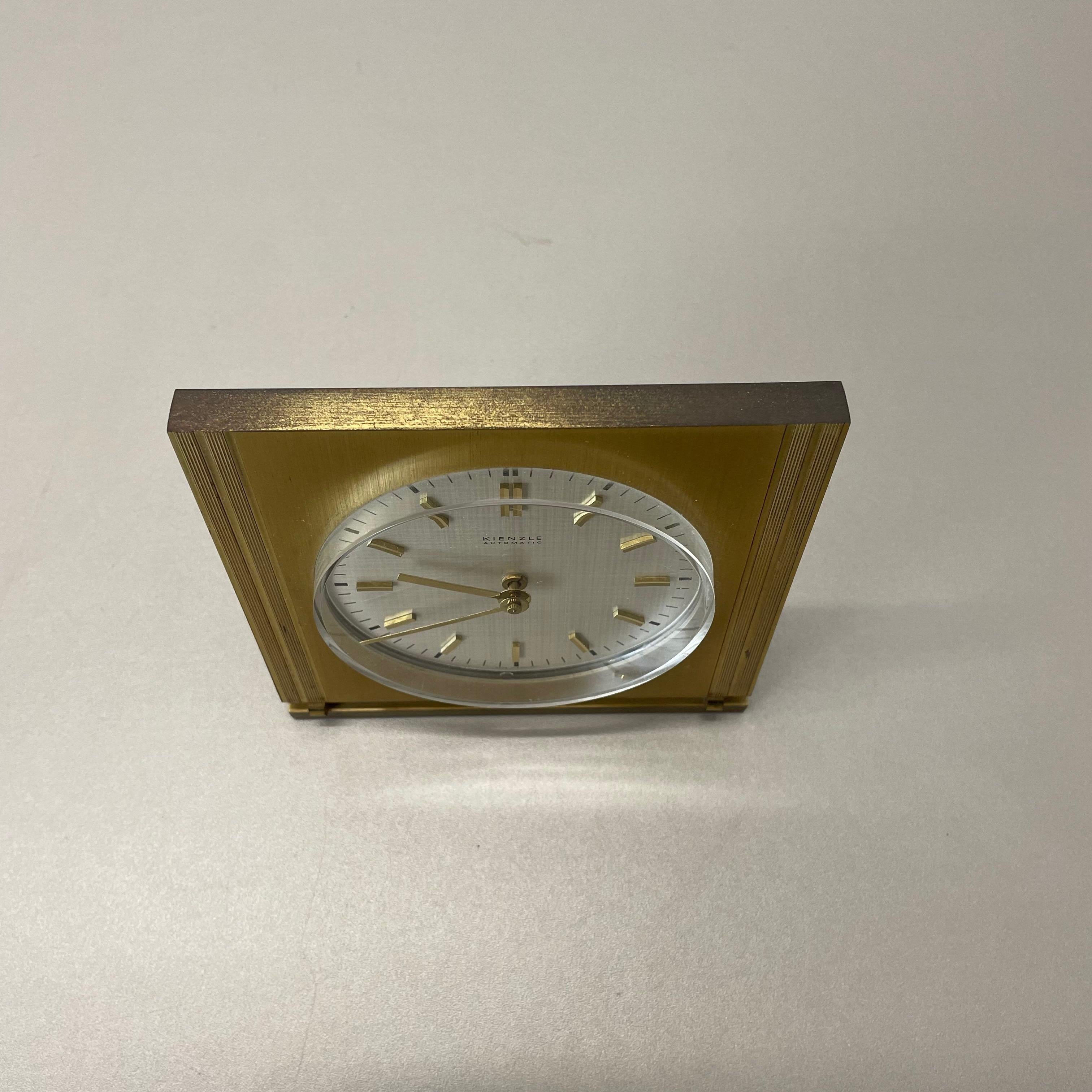 Vintage Hollywood Regency Brass Glass Table Clock by Kienzle, Germany 1960s For Sale 1