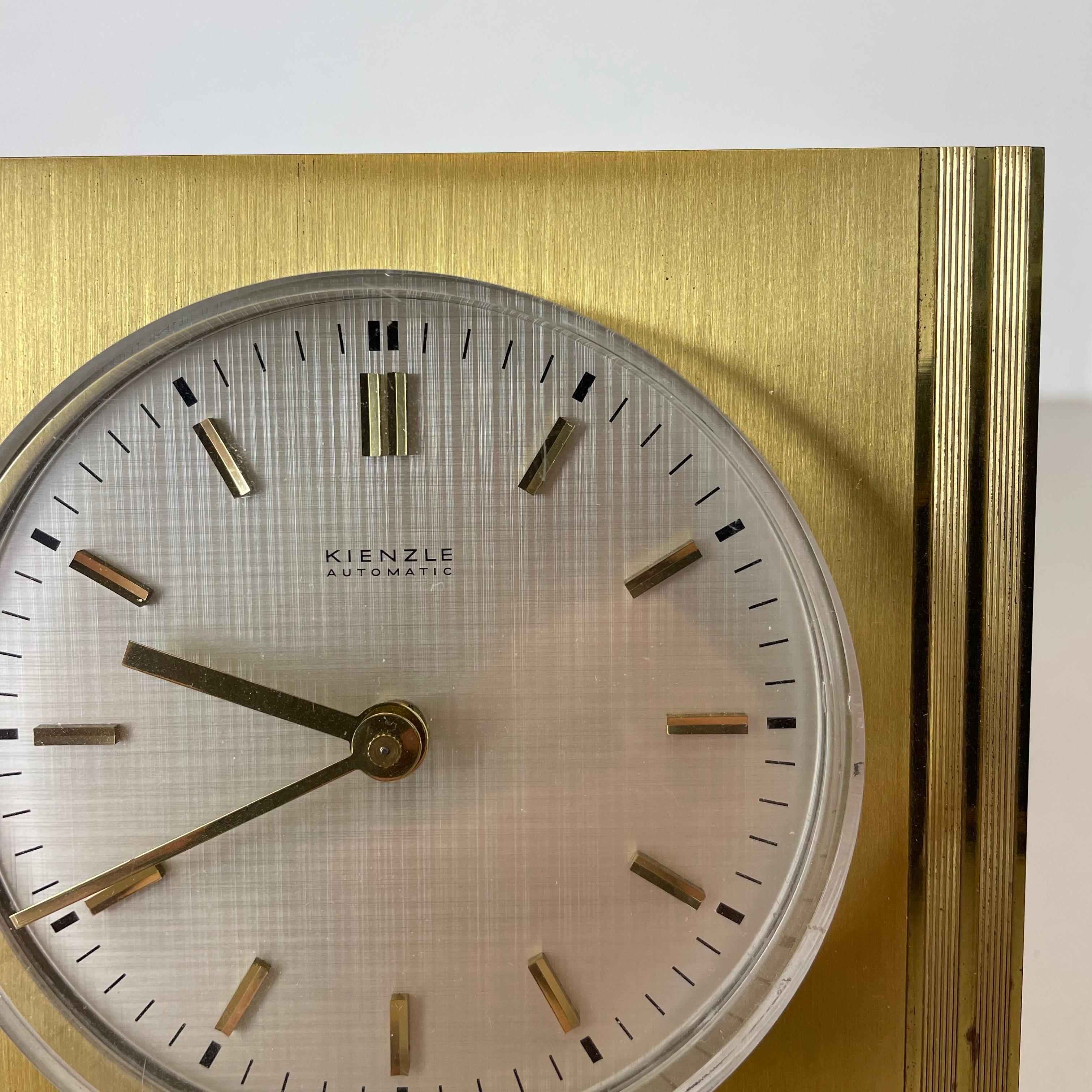 Vintage Hollywood Regency Brass Glass Table Clock by Kienzle, Germany 1960s For Sale 2