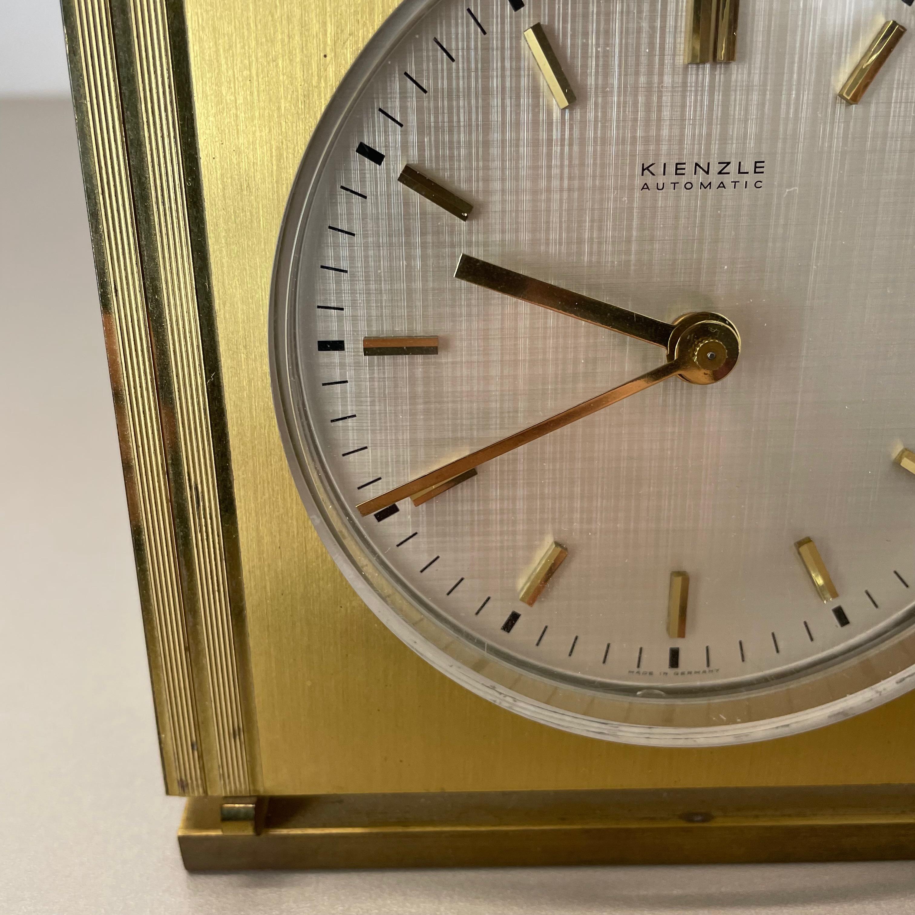 20th Century Vintage Hollywood Regency Brass Glass Table Clock by Kienzle, Germany 1960s For Sale