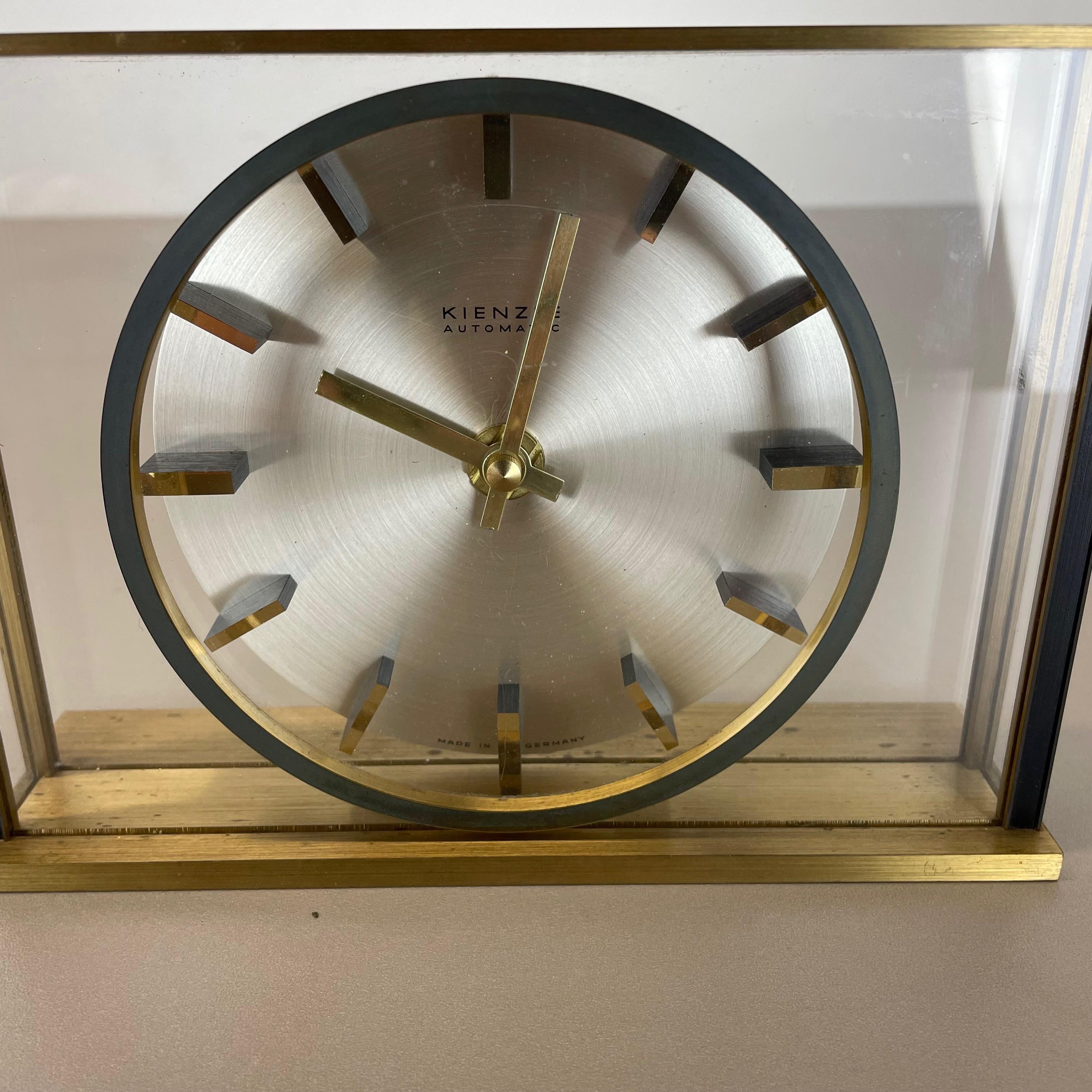 Vintage Hollywood Regency Brass Glass Table Clock by Kienzle, Germany 1970s For Sale 3