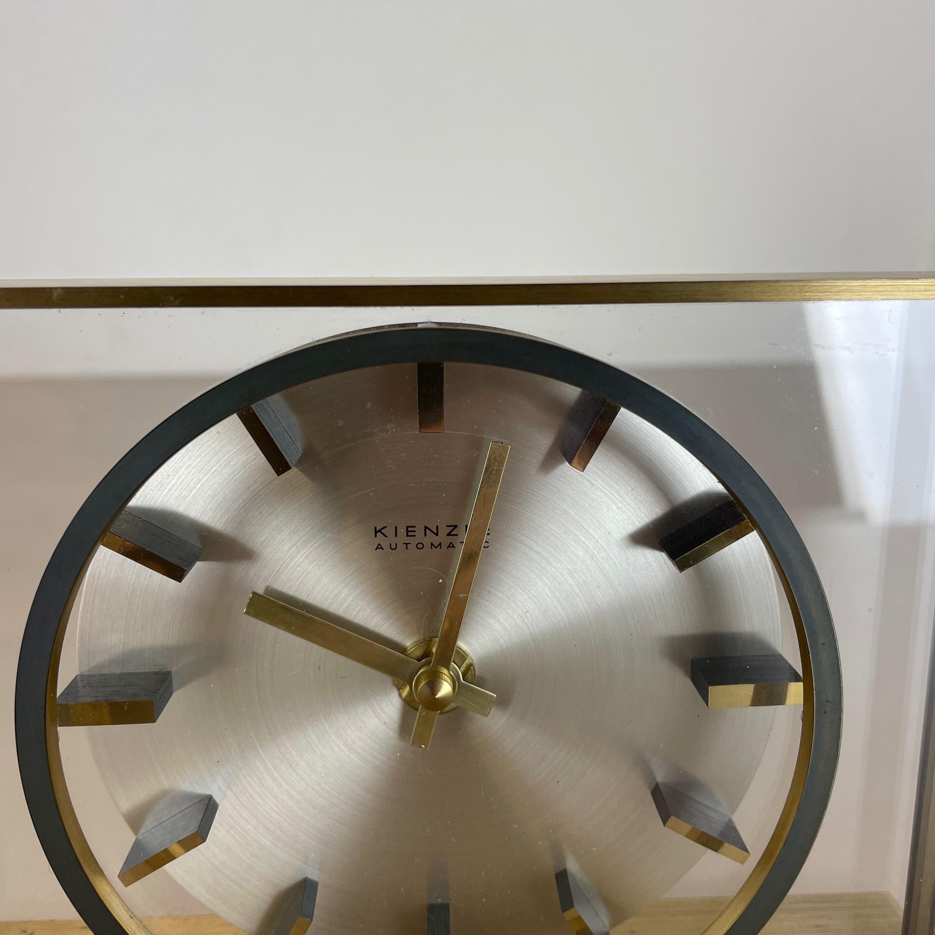 Vintage Hollywood Regency Brass Glass Table Clock by Kienzle, Germany 1970s For Sale 4