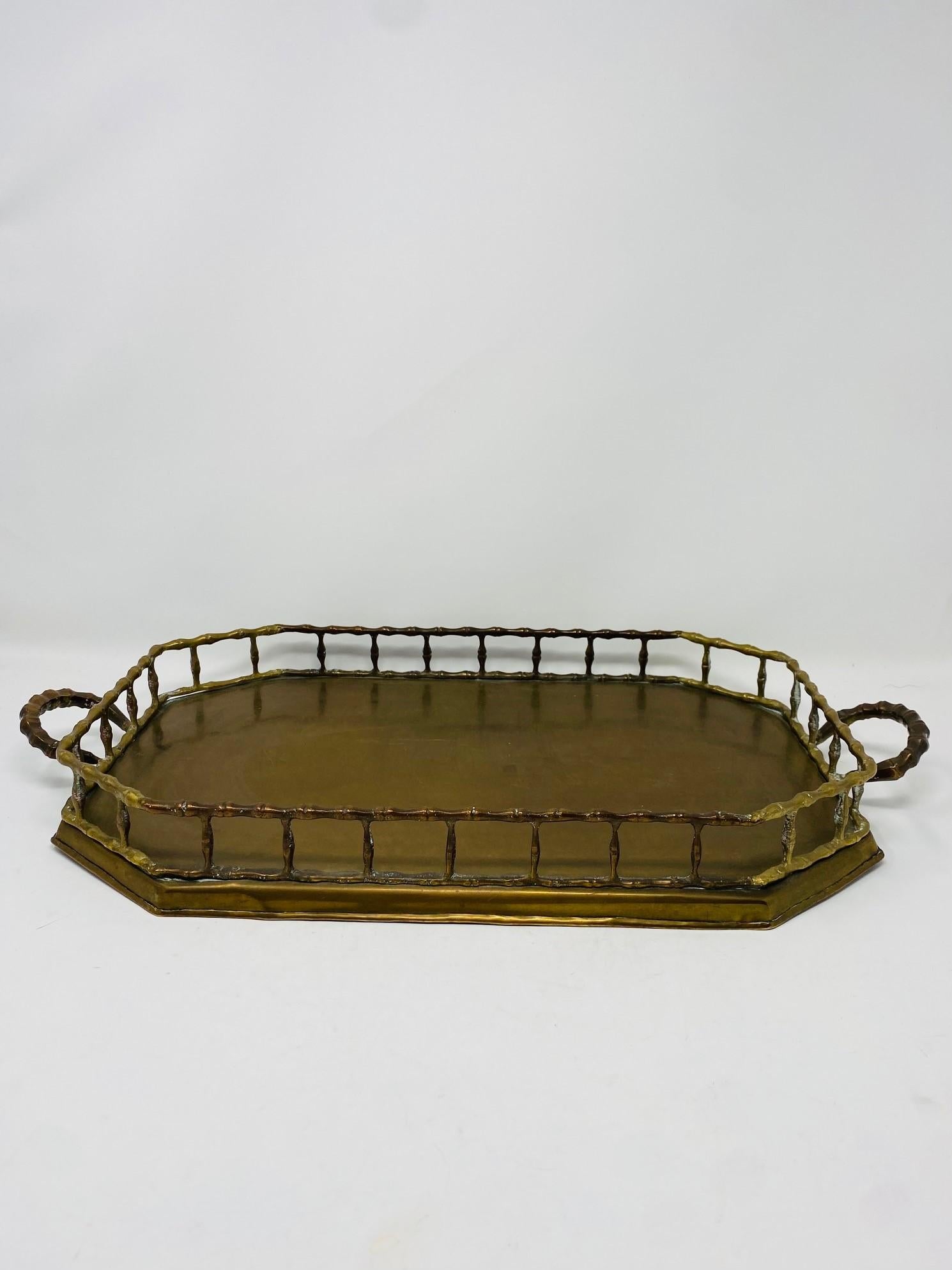 Indian Vintage Hollywood Regency Brass Octagonal Faux Bamboo Serving Tray For Sale