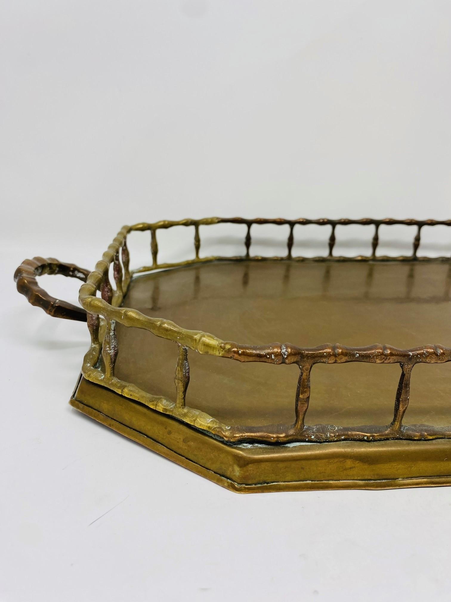 Hand-Crafted Vintage Hollywood Regency Brass Octagonal Faux Bamboo Serving Tray For Sale