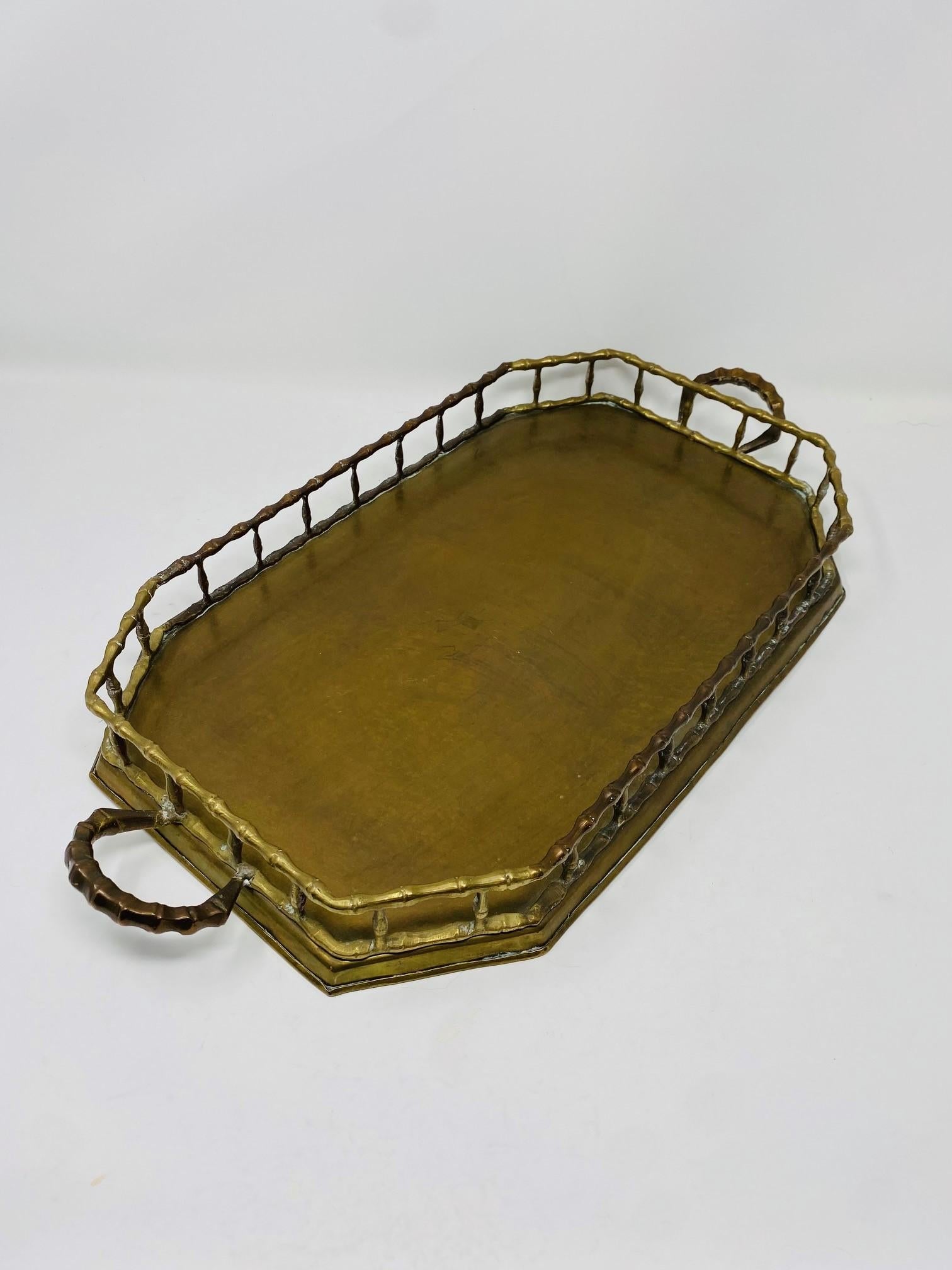 Vintage Hollywood Regency Brass Octagonal Faux Bamboo Serving Tray For Sale 1