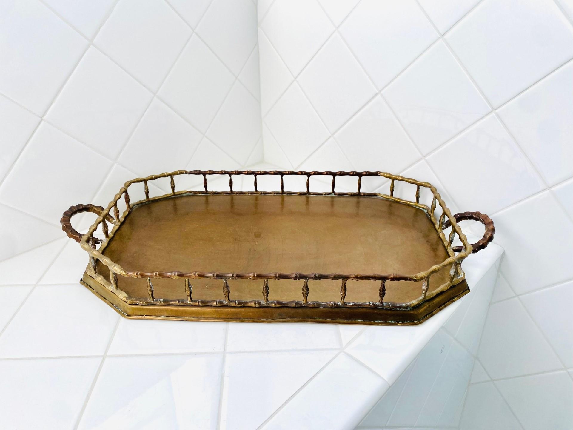 Vintage Hollywood Regency Brass Octagonal Faux Bamboo Serving Tray For Sale 3