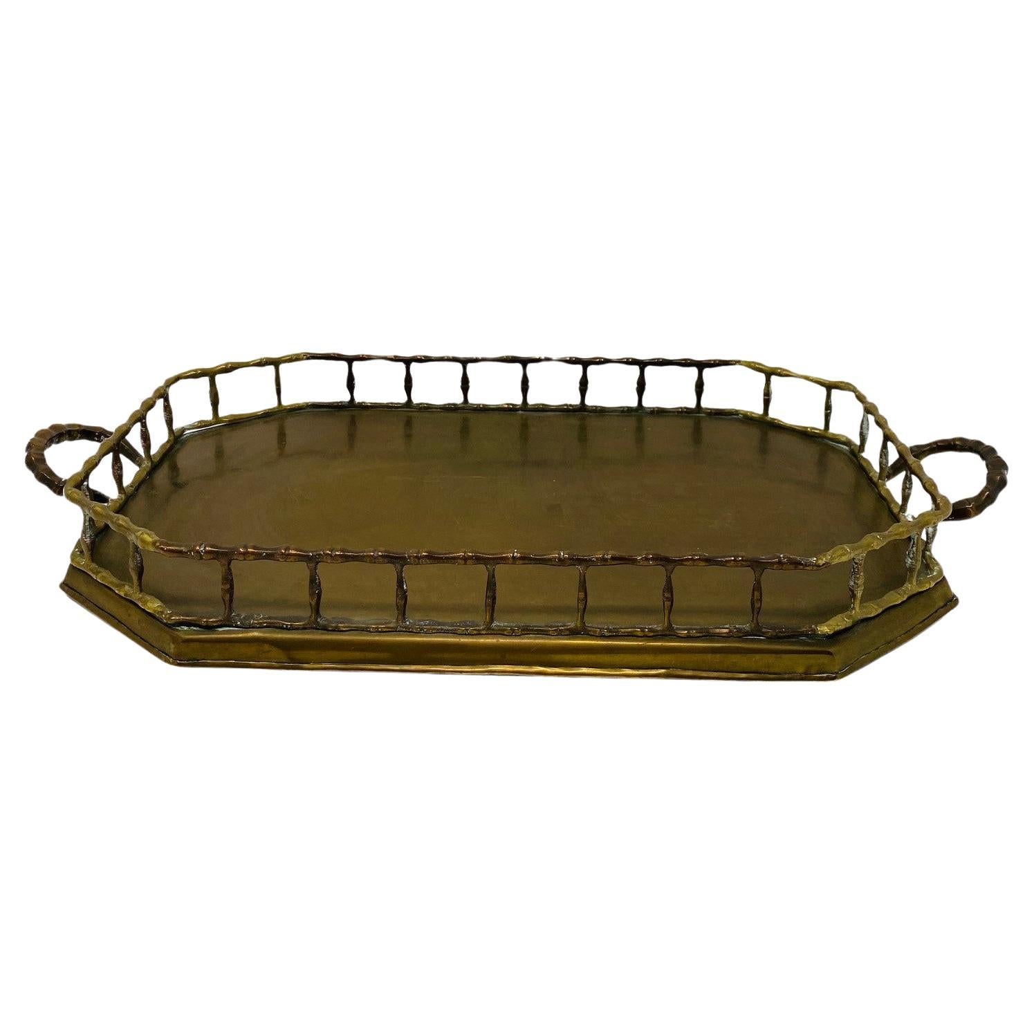 Vintage Hollywood Regency Brass Octagonal Faux Bamboo Serving Tray For Sale