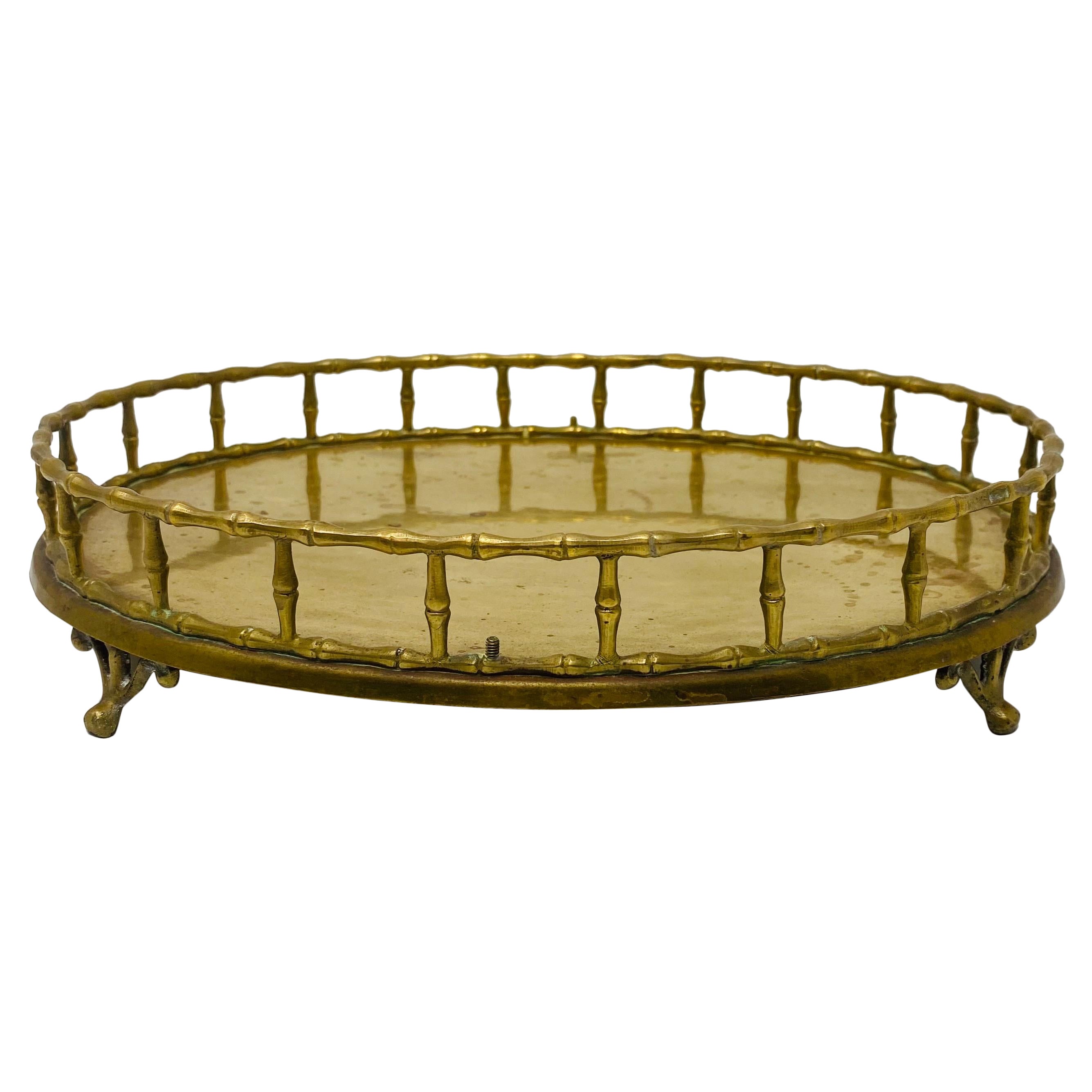 Vintage Hollywood Regency Brass Oval Faux Bamboo Serving Tray