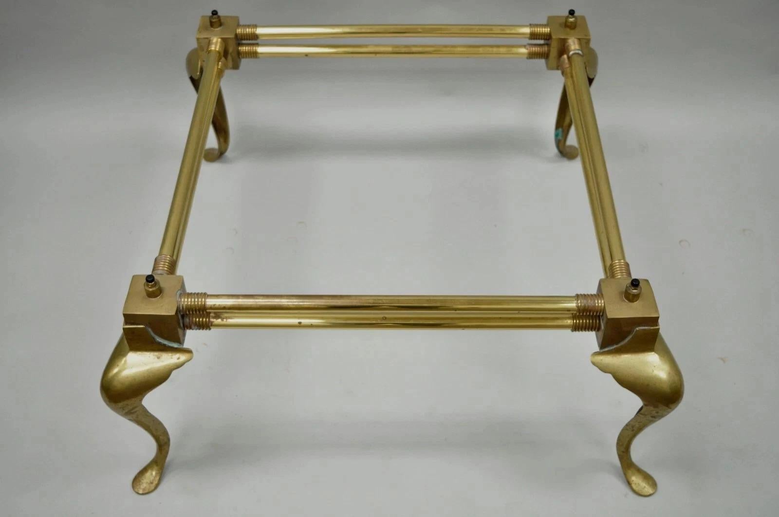 Vintage Hollywood Regency Brass Queen Anne Legs Square Coffee Table Base For Sale 5