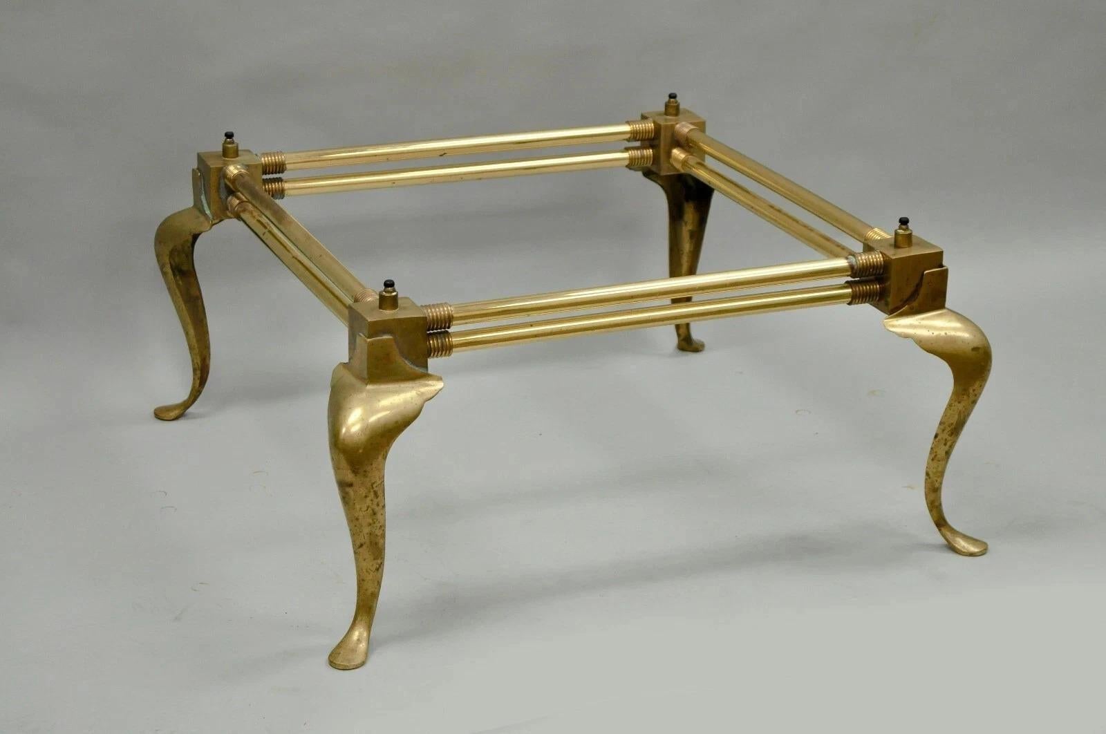 Vintage Hollywood Regency Brass Queen Anne Legs Square Coffee Table Base For Sale 6