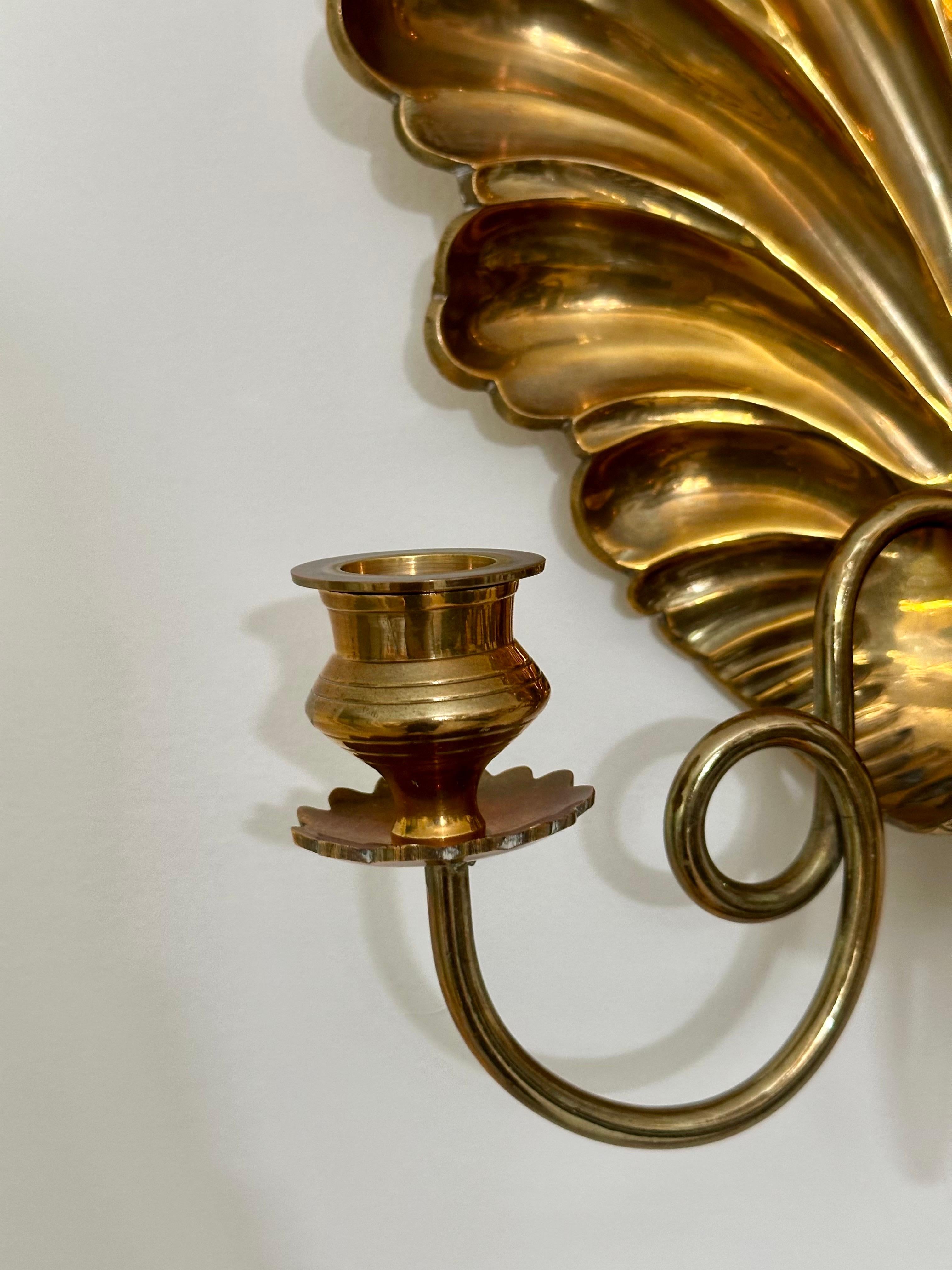Italian Vintage Hollywood Regency Brass Shell Back Three-Arm Wall Sconces - a Pair For Sale