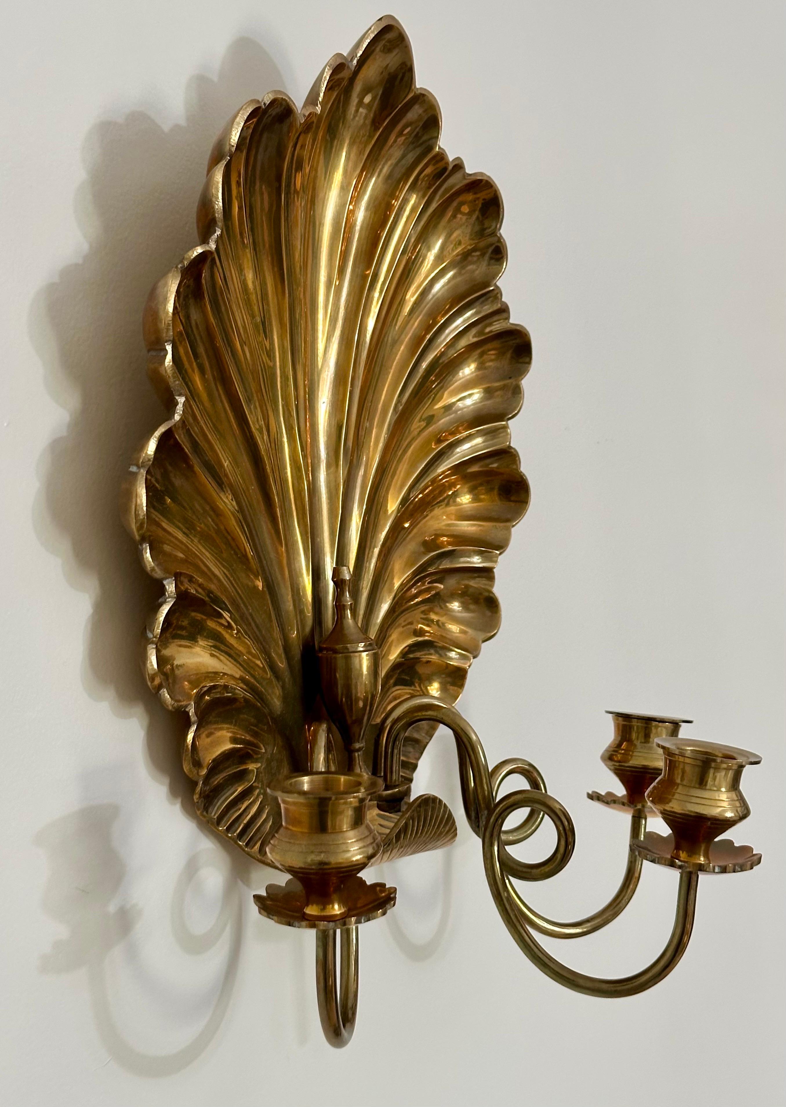 Late 20th Century Vintage Hollywood Regency Brass Shell Back Three-Arm Wall Sconces - a Pair For Sale