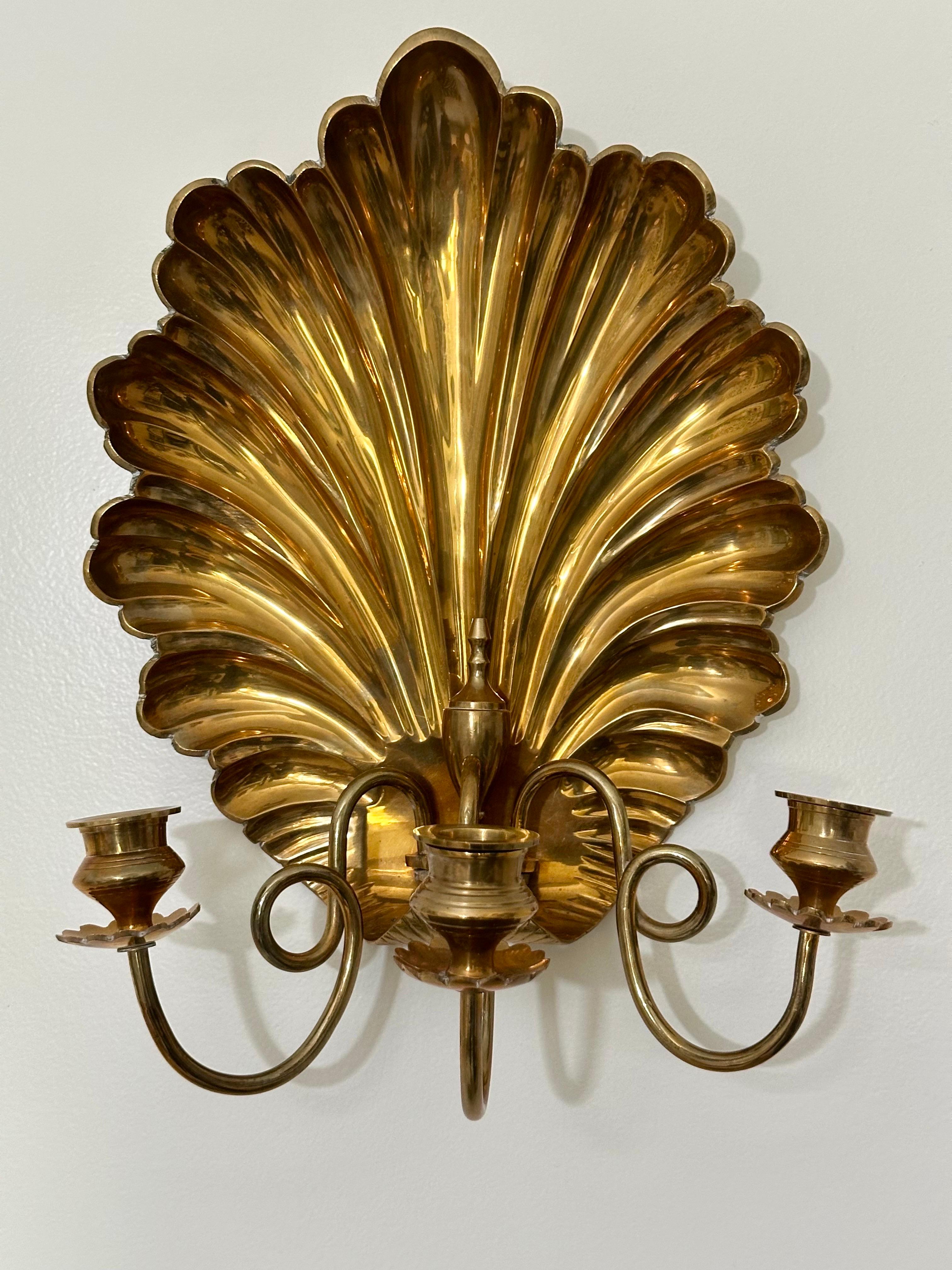 Vintage Hollywood Regency Brass Shell Back Three-Arm Wall Sconces - a Pair For Sale 1