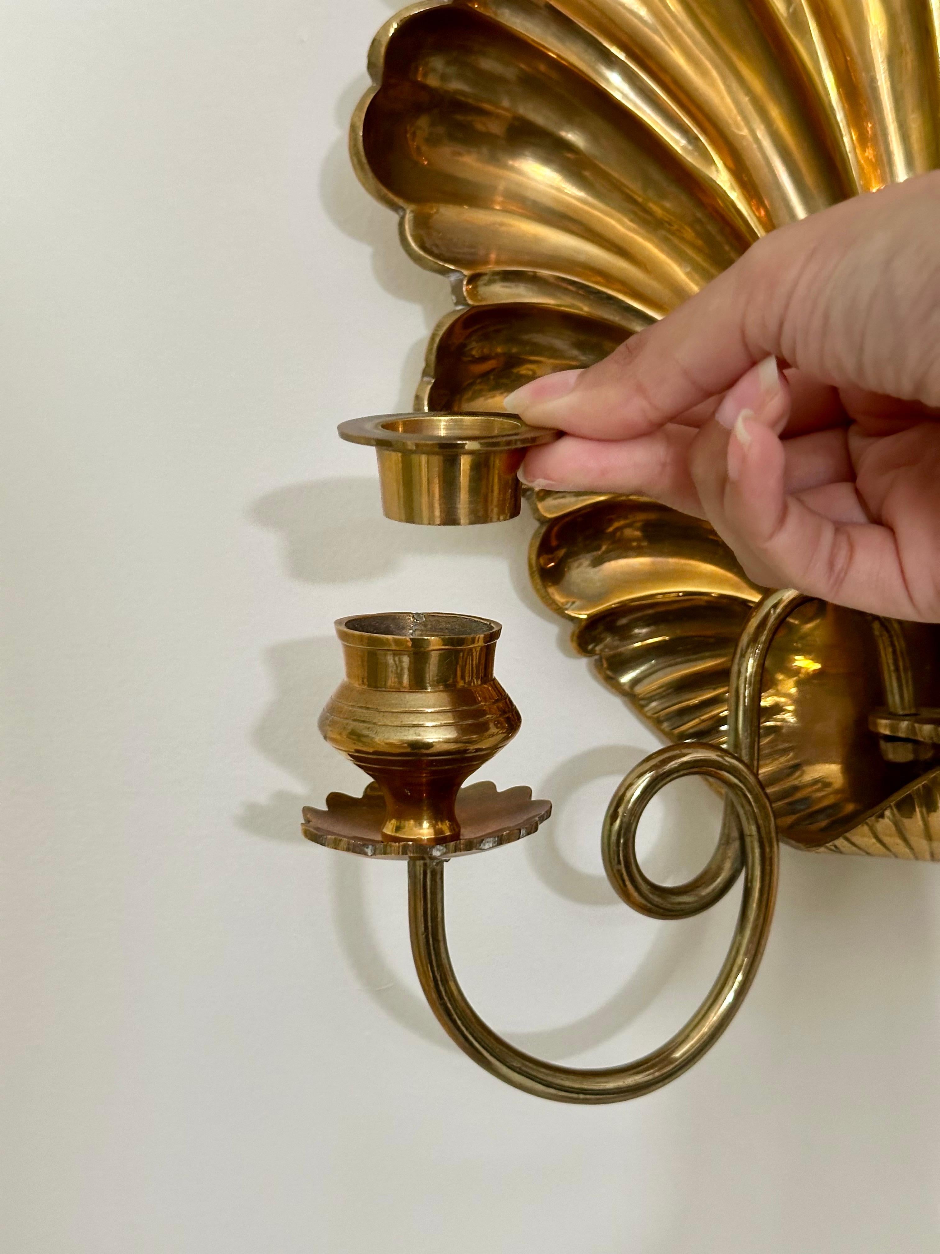Vintage Hollywood Regency Brass Shell Back Three-Arm Wall Sconces - a Pair For Sale 2