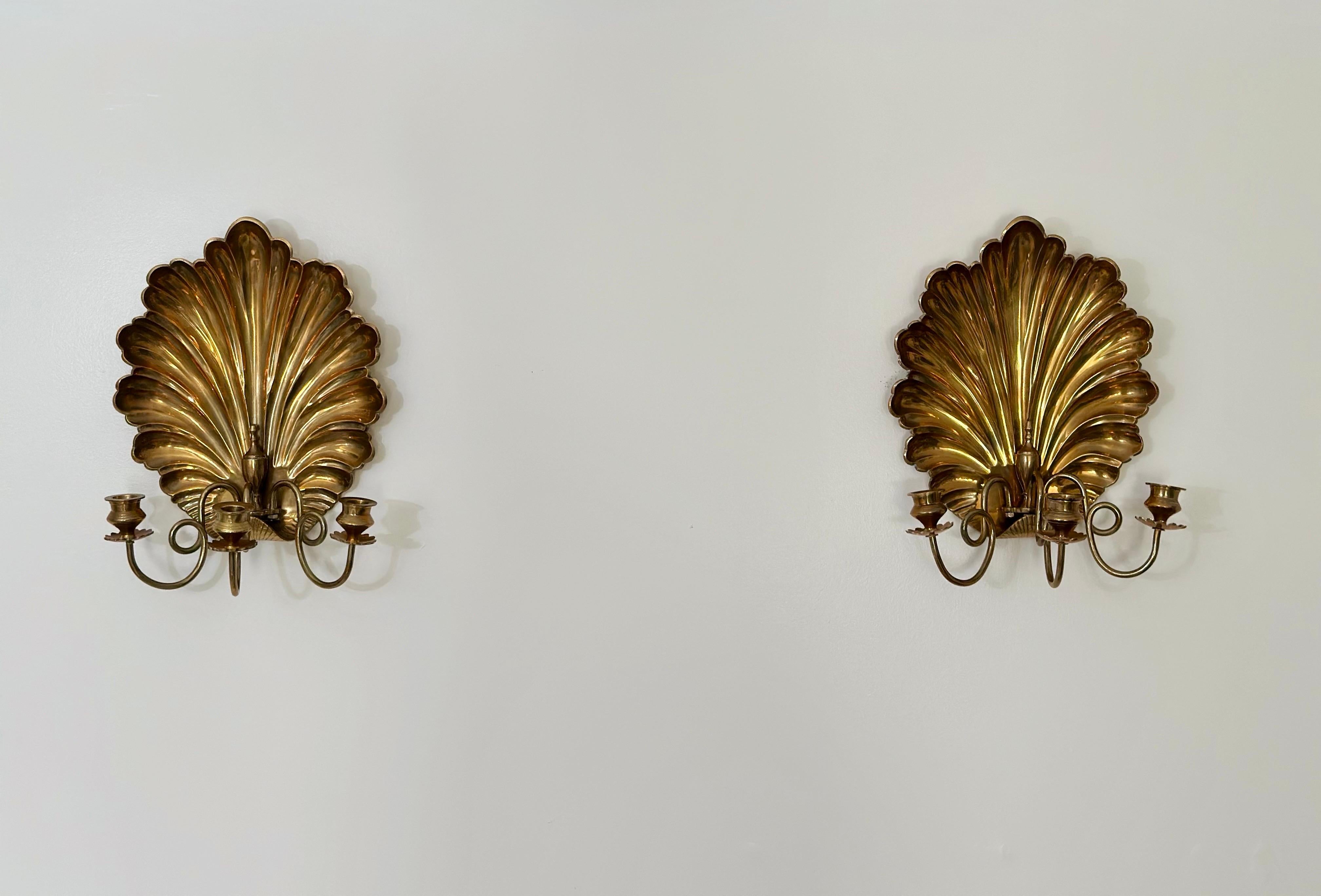 Vintage Hollywood Regency Brass Shell Back Three-Arm Wall Sconces - a Pair For Sale 3