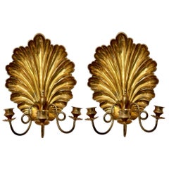 Vintage Hollywood Regency Brass Shell Back Three-Arm Wall Sconces - a Pair