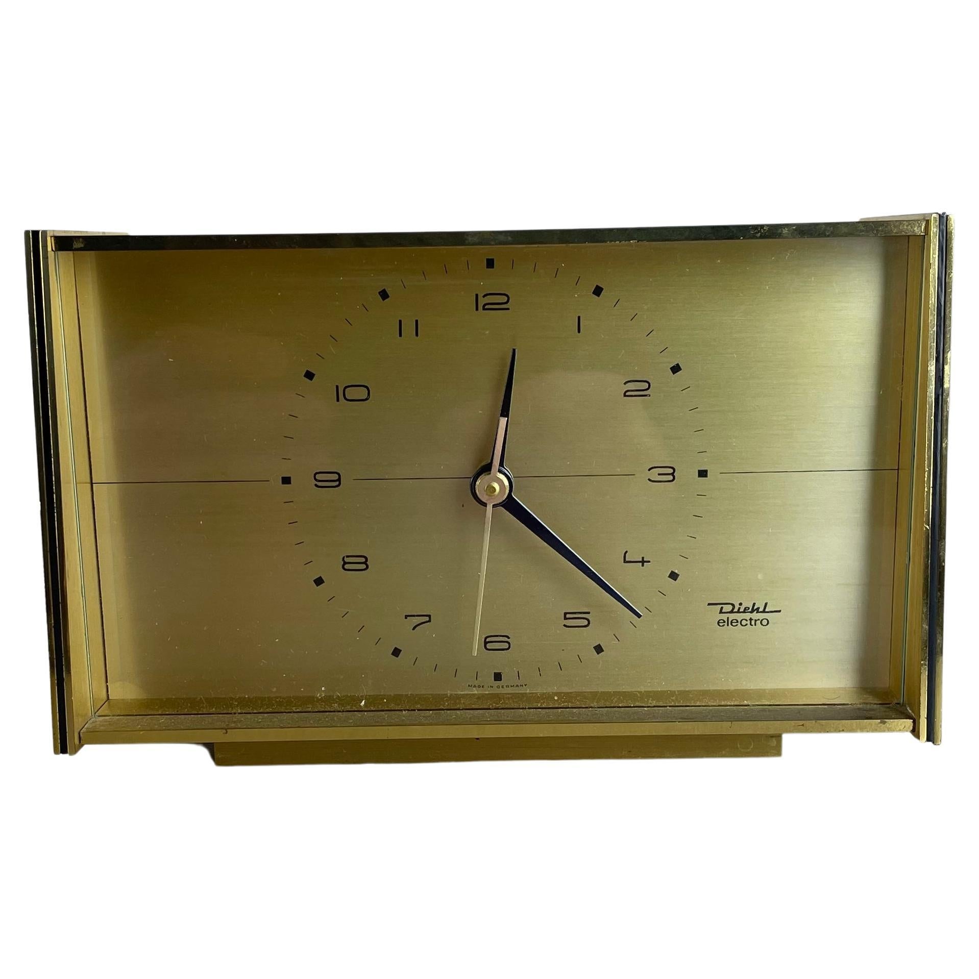 Vintage Hollywood Regency Brass Table Clock by Diehl Electro, Germany, 1960s For Sale