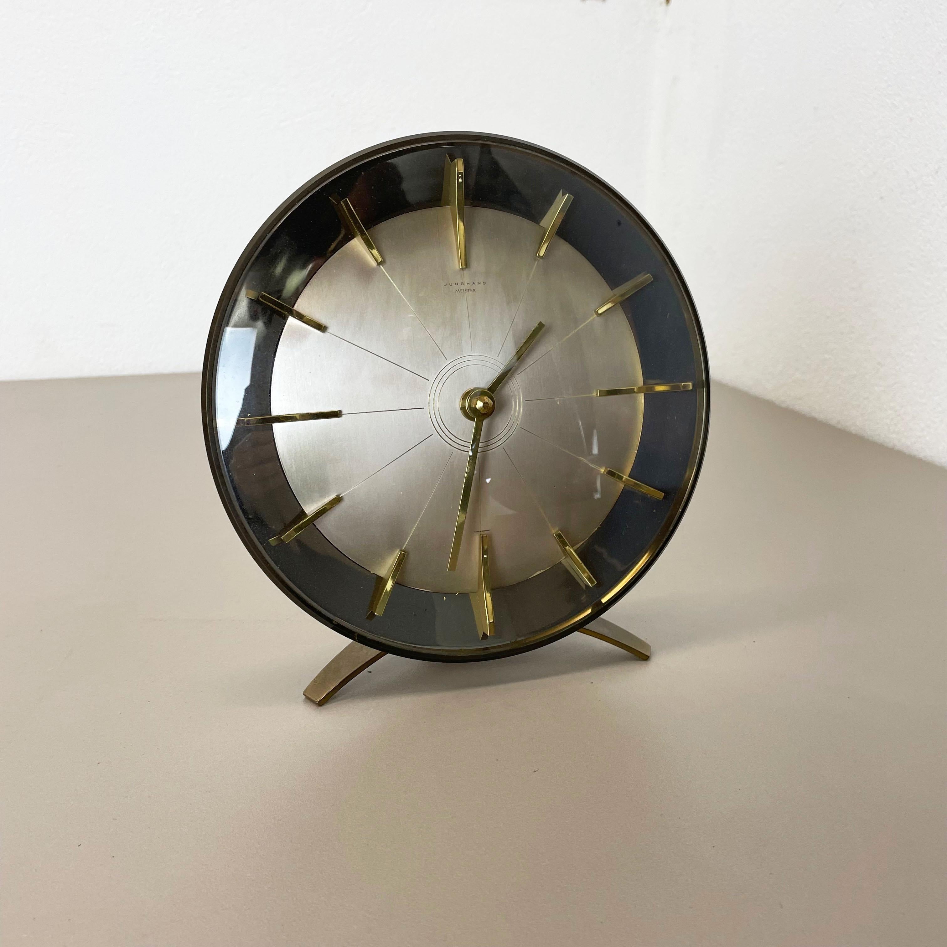 Vintage Hollywood Regency Brass Table Clock Junghans Meister, Germany, 1950s For Sale 2