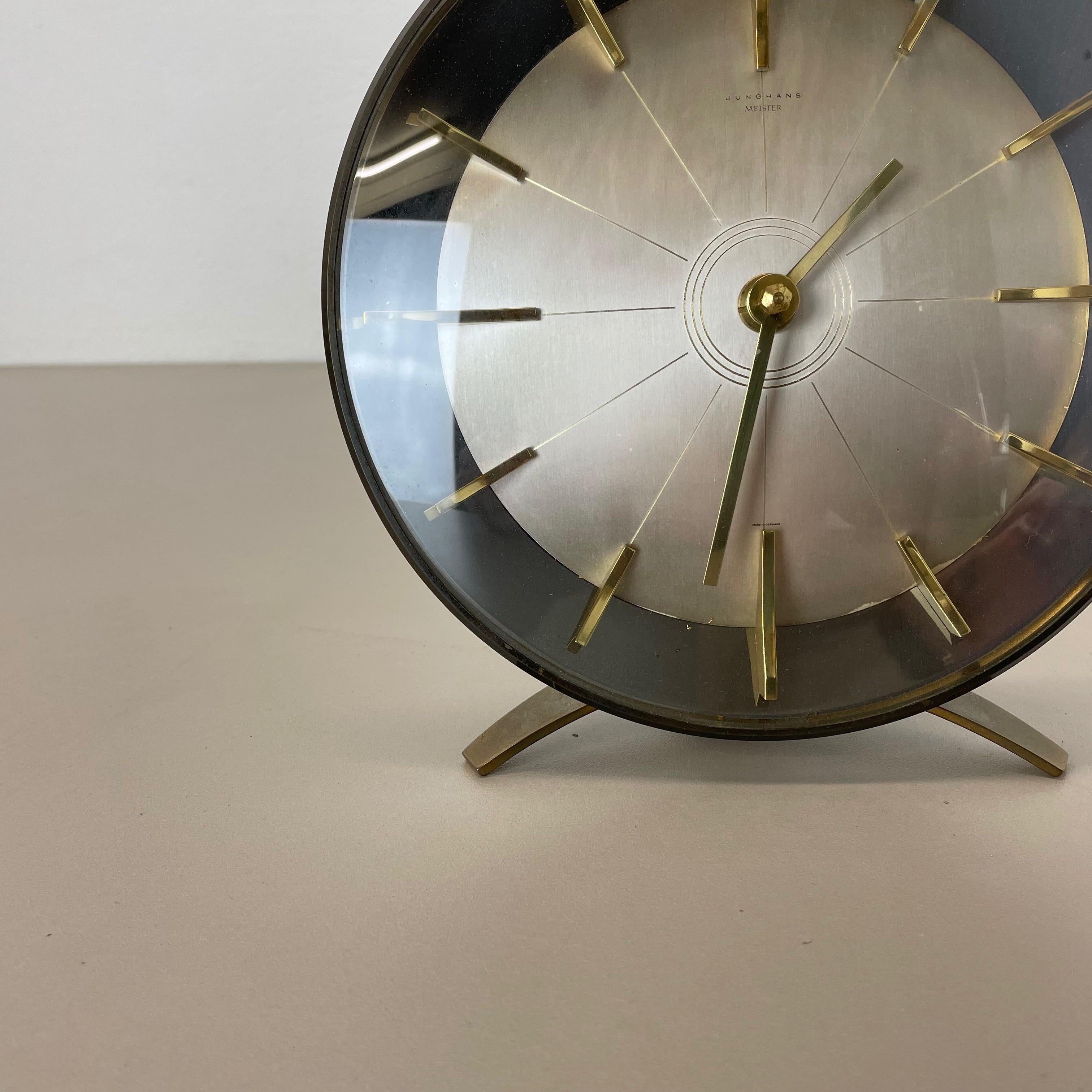 Mid-Century Modern Vintage Hollywood Regency Brass Table Clock Junghans Meister, Germany, 1950s For Sale