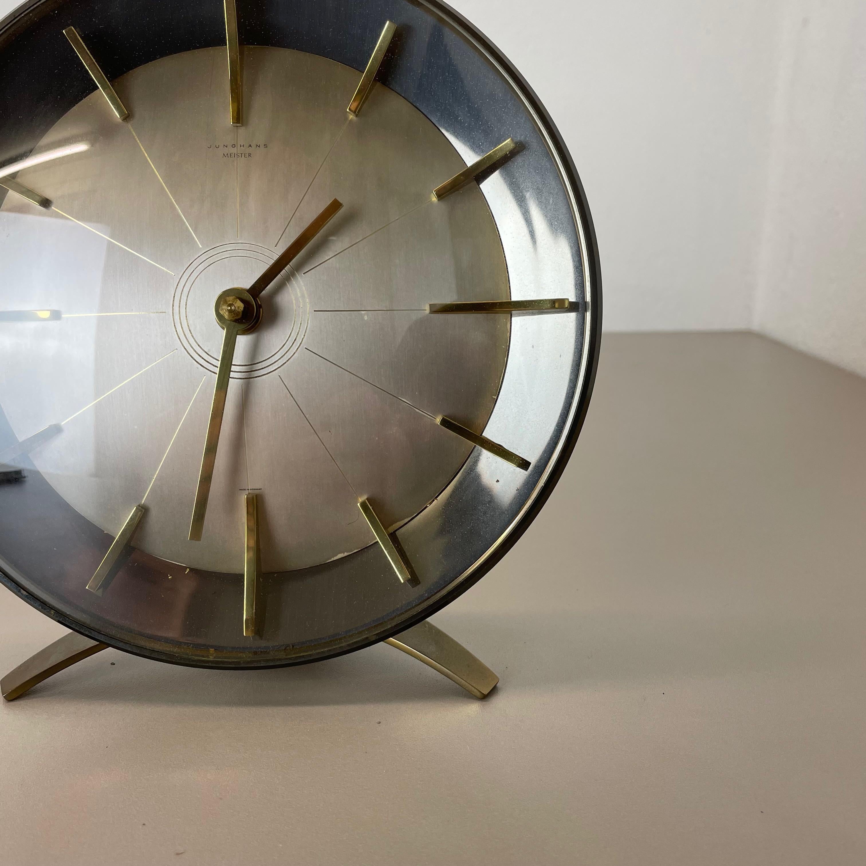20th Century Vintage Hollywood Regency Brass Table Clock Junghans Meister, Germany, 1950s For Sale