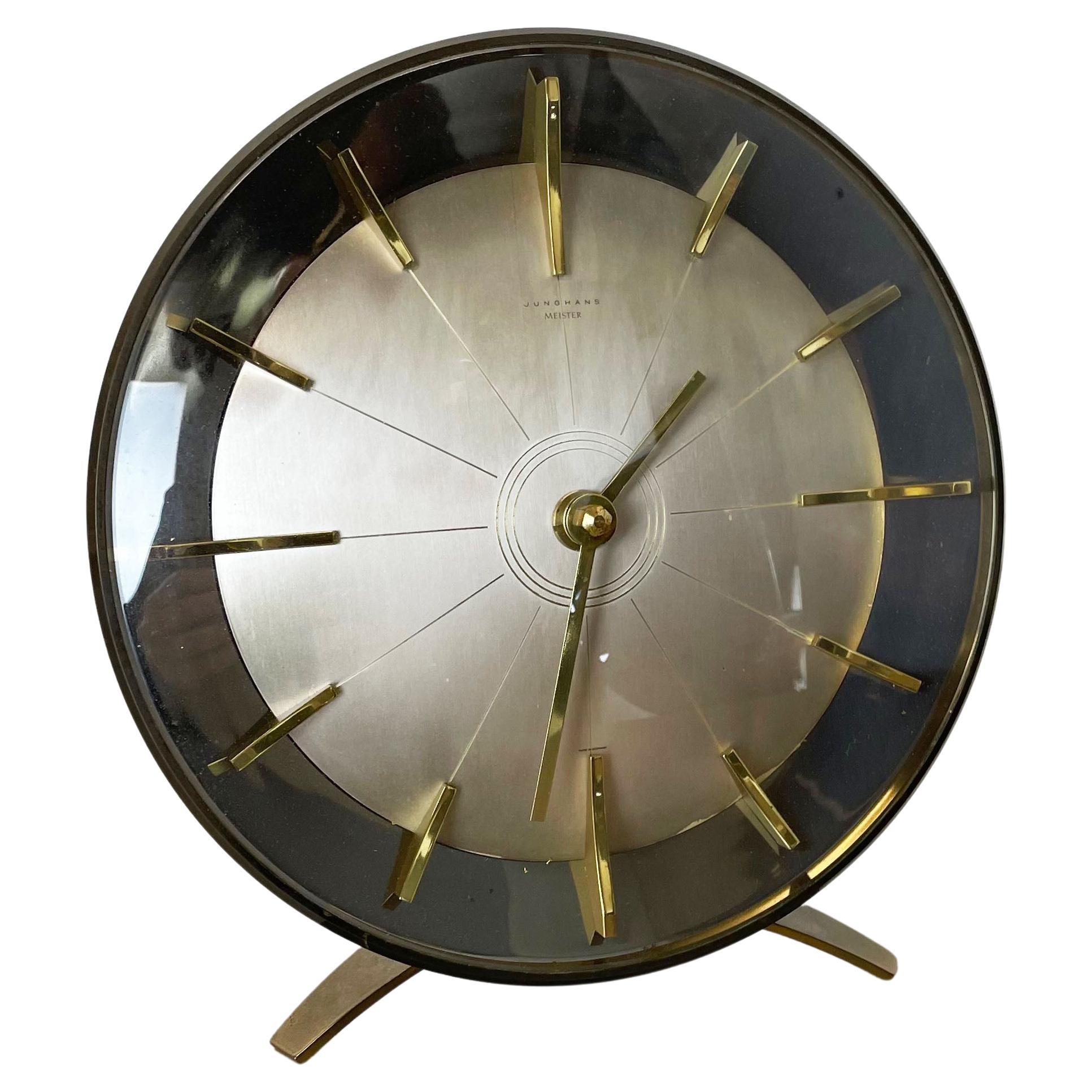 Vintage Hollywood Regency Brass Table Clock Junghans Meister, Germany, 1950s