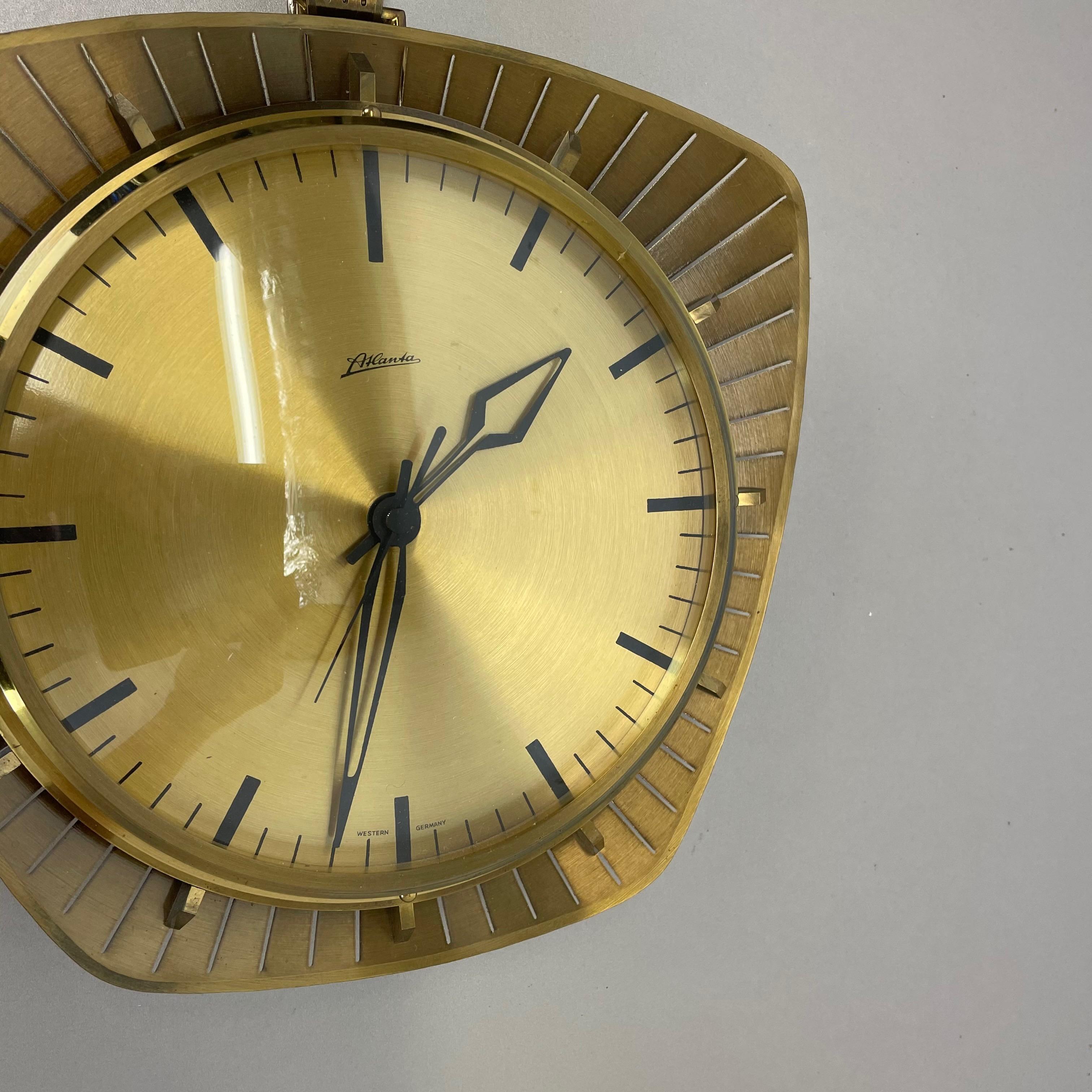 Mid-Century Modern Vintage Hollywood Regency Brass Wall Clock Atlanta Kienzle, Germany 1950s For Sale