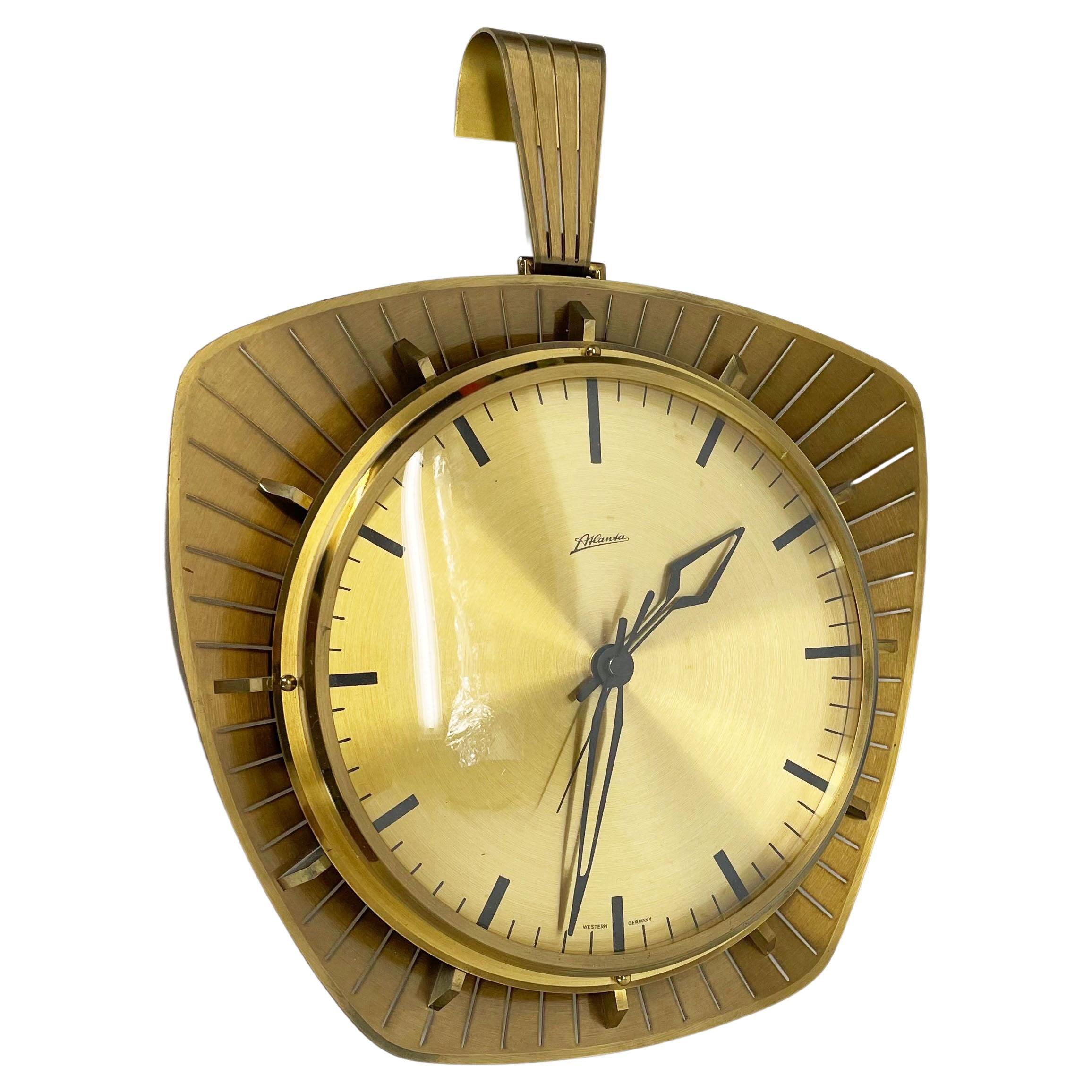 Vintage Hollywood Regency Brass Wall Clock Atlanta Kienzle, Germany 1950s