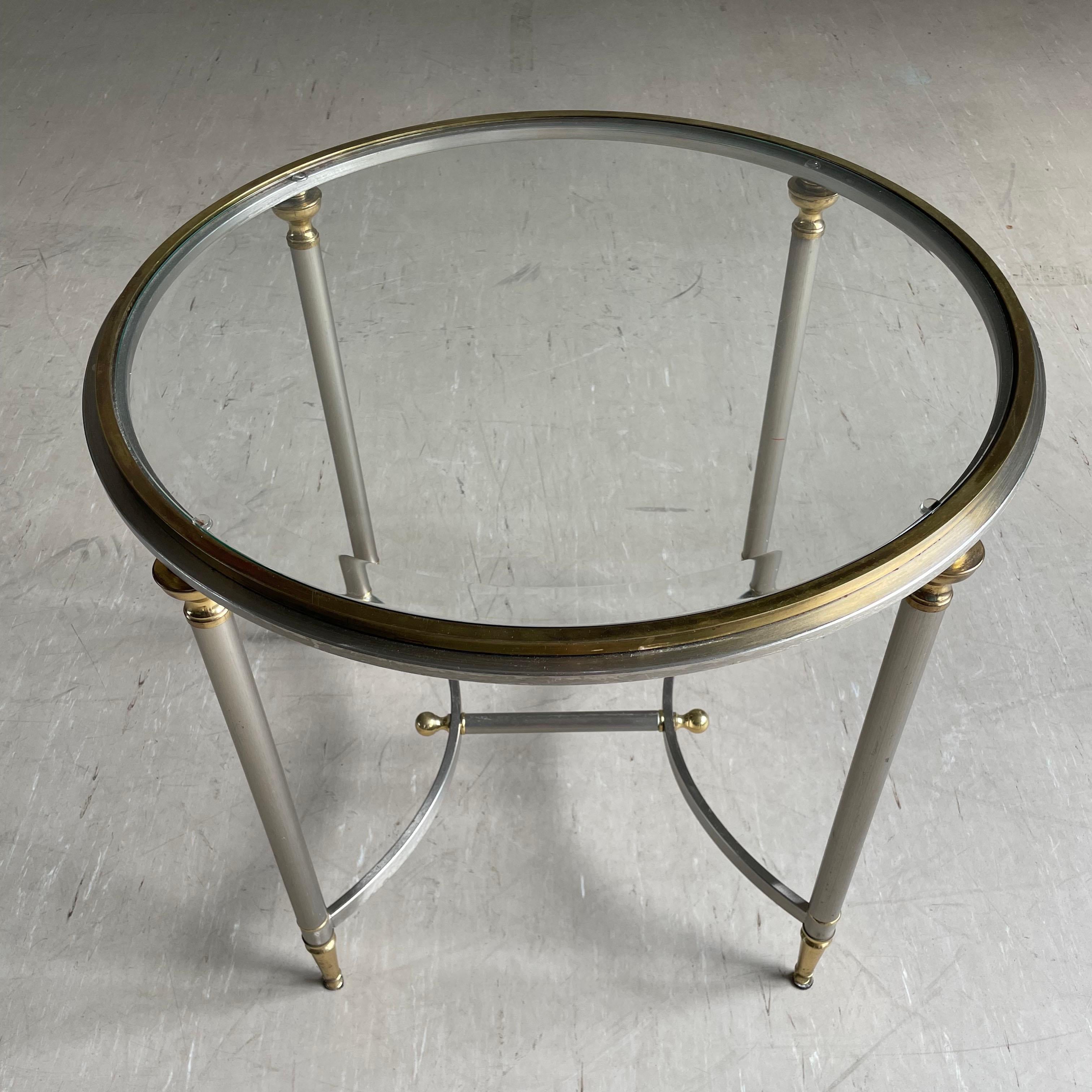 European Vintage Hollywood Regency brushed steel & brass side table For Sale
