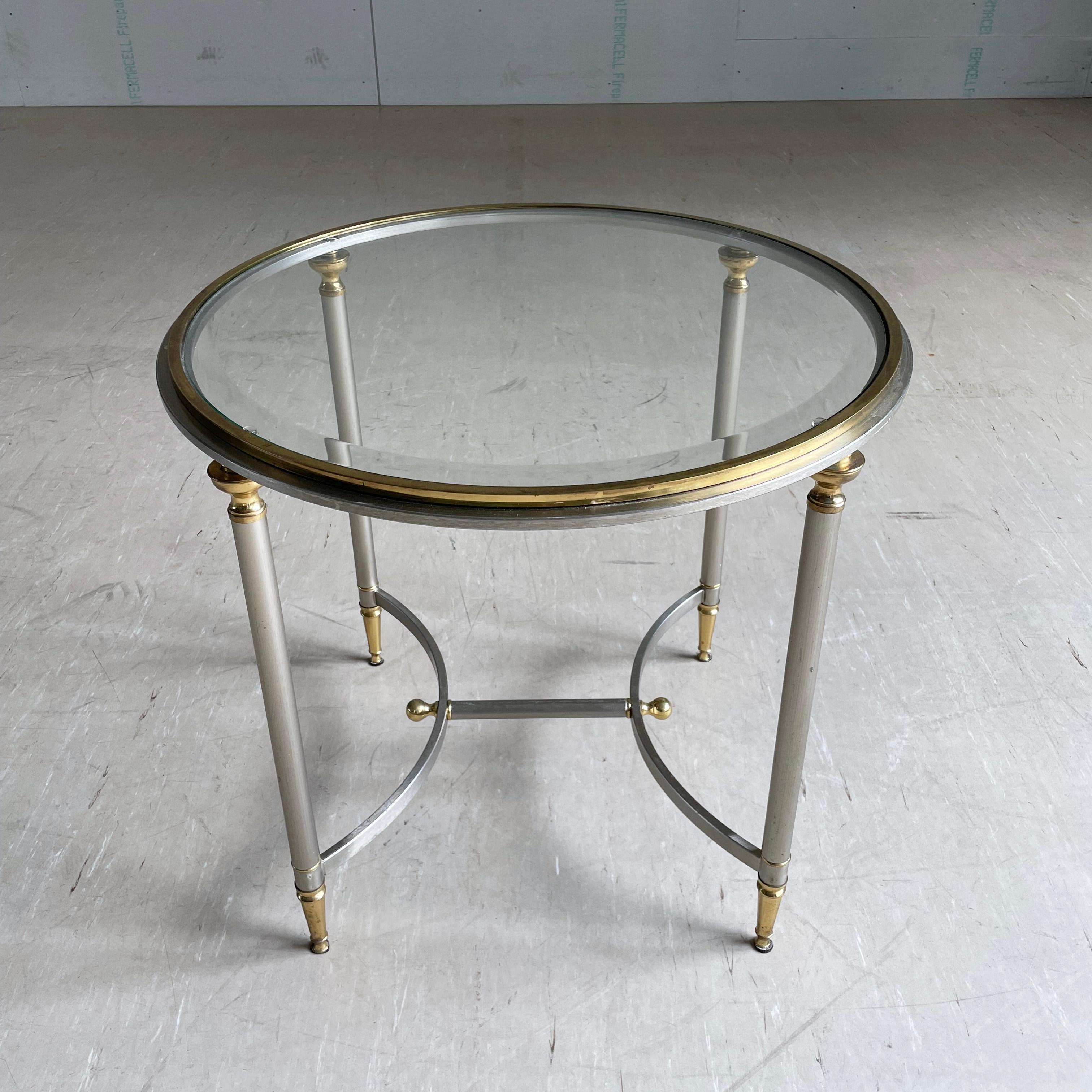 Steel Vintage Hollywood Regency brushed steel & brass side table For Sale