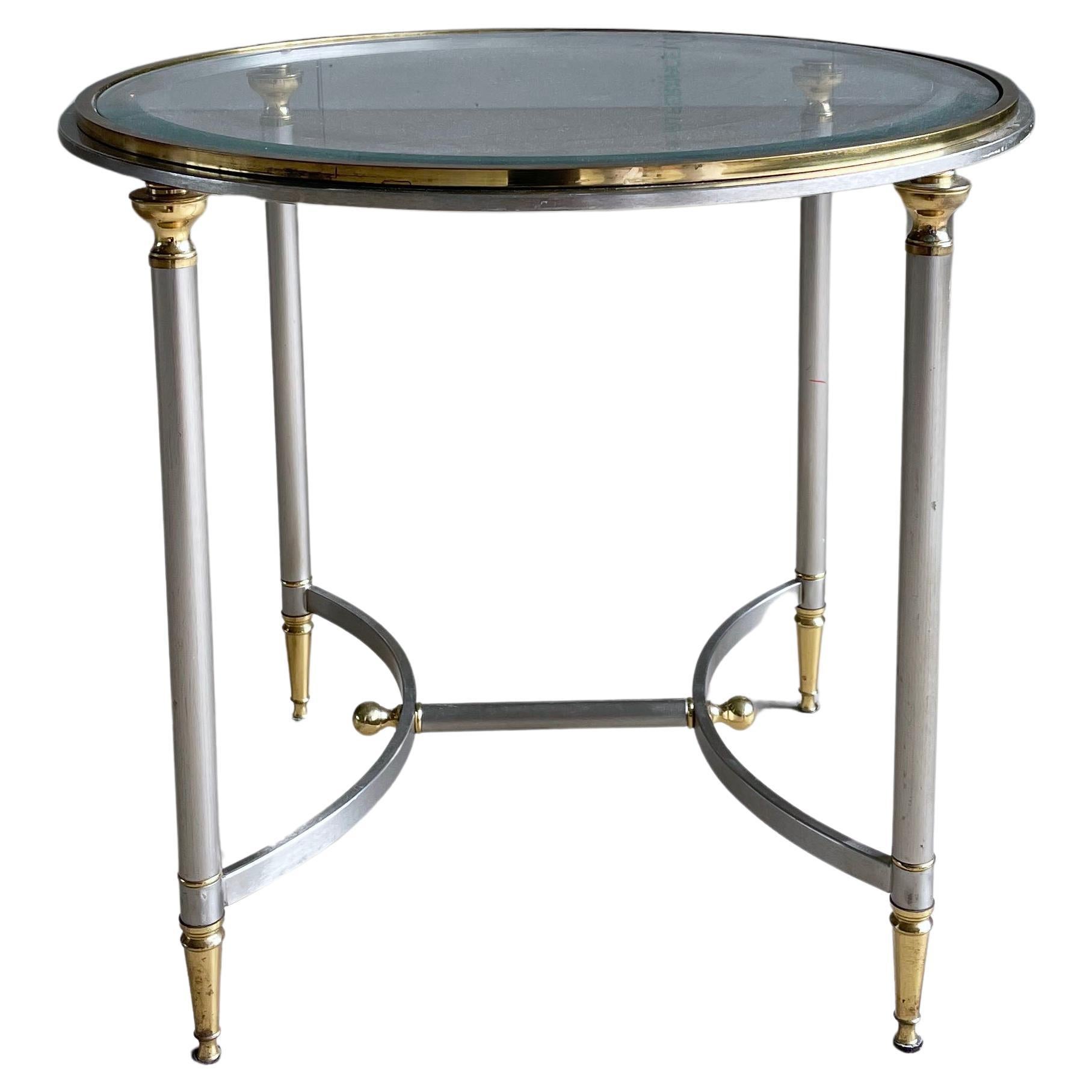Vintage Hollywood Regency brushed steel & brass side table For Sale