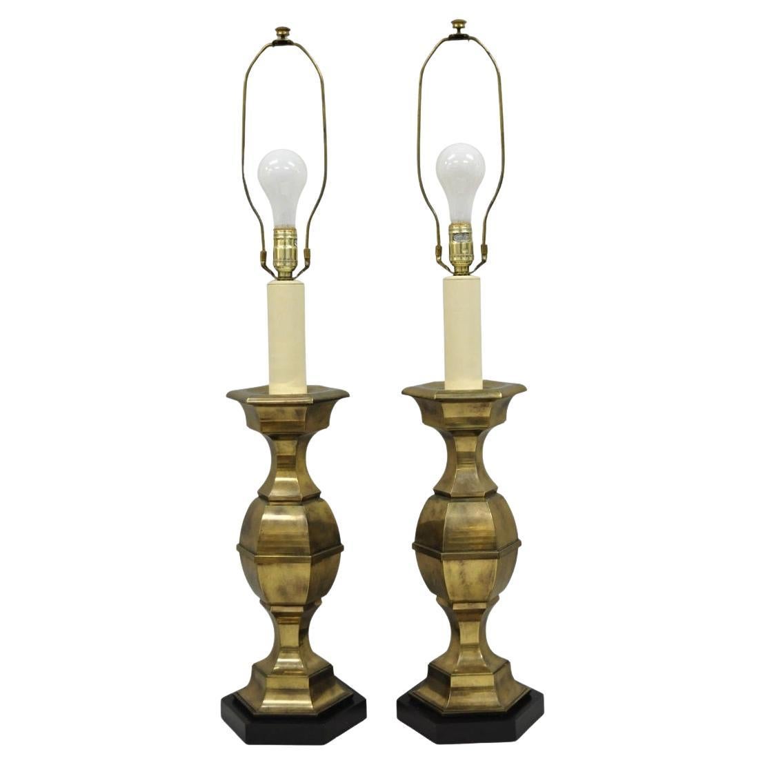 Vintage Hollywood Regency Burnished Brass Candlestick Table Lamps - a Pair