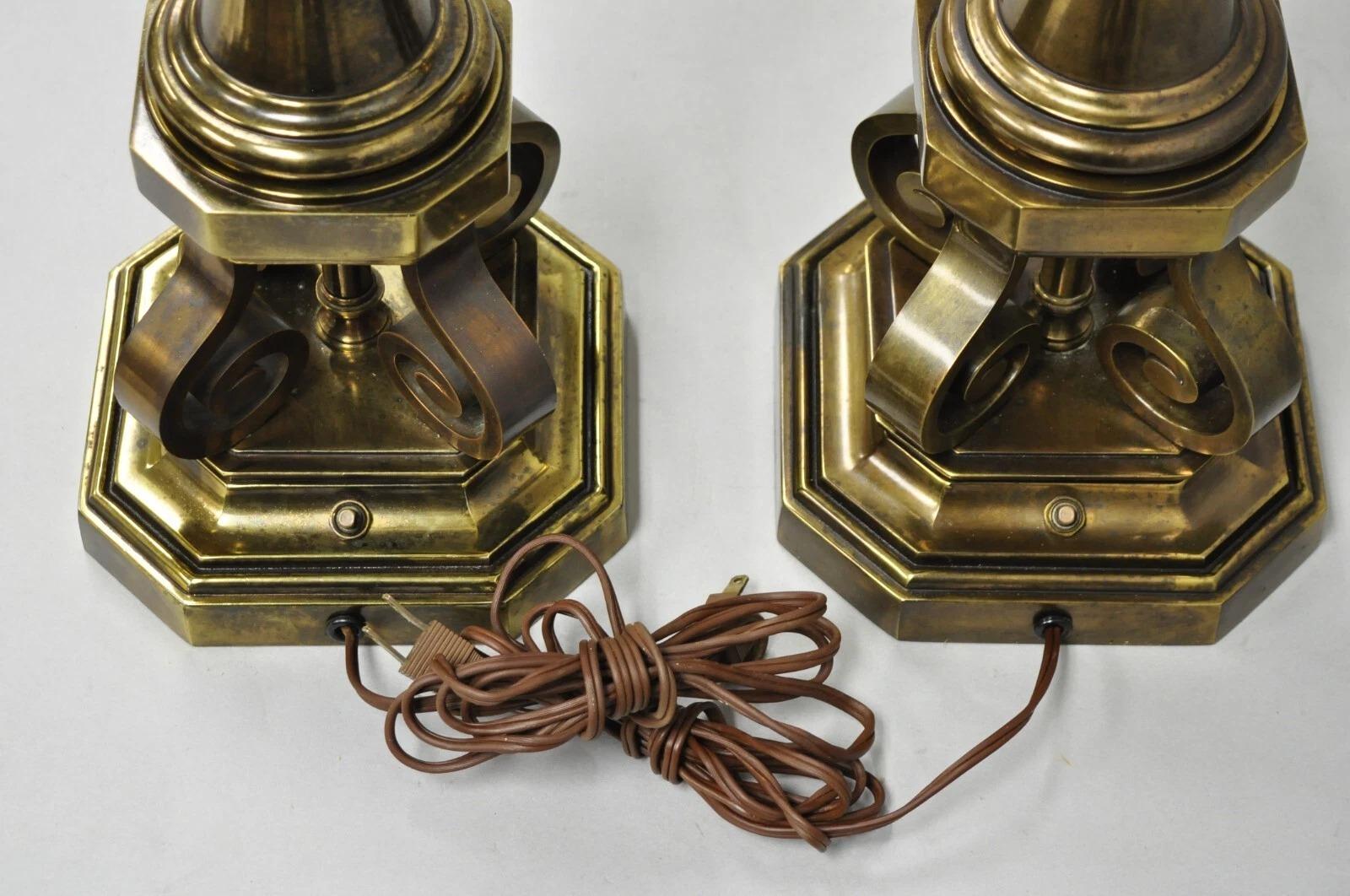 Vintage Hollywood Regency Burnished Brass Tall Candlestick Table Lamps - a Pair For Sale 5